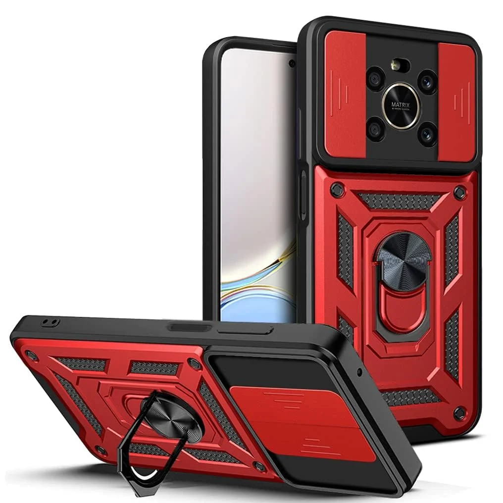 DL3 Mobilak Protective Case with Sliding Camera Cover, Metal Ring Kickstand and Magnetic Car-Mount Support for Honor X9 4G 5G / Honor X30 / Honor Magic 4 Lite - Red