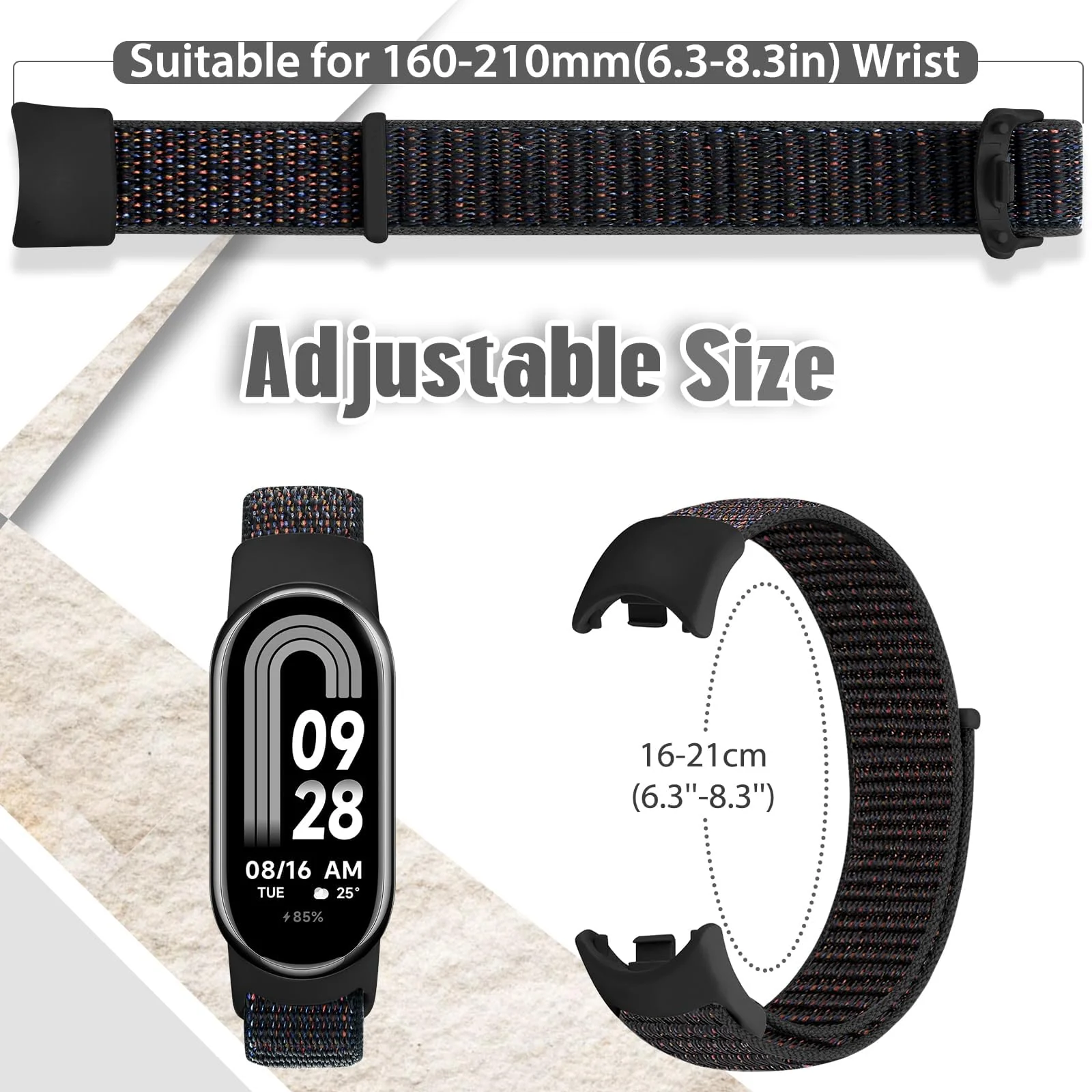 DL3 Mobilak Nylon Sport Band Compatible with Xiaomi Mi Band 10/9/8 for Women Men, Soft Adjustable Breathable Sport Loop Watch Strap Replacement Wristband for Xiaomi Smart Band 8/9/10 - Official Black