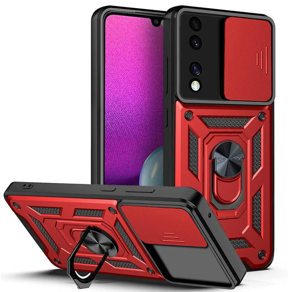 DL3 Mobilak Military-Grade Protective Case with Sliding Camera Cover, Metal Ring Kickstand and Magnetic Car-Mount Support for Honor 70 5G - Red