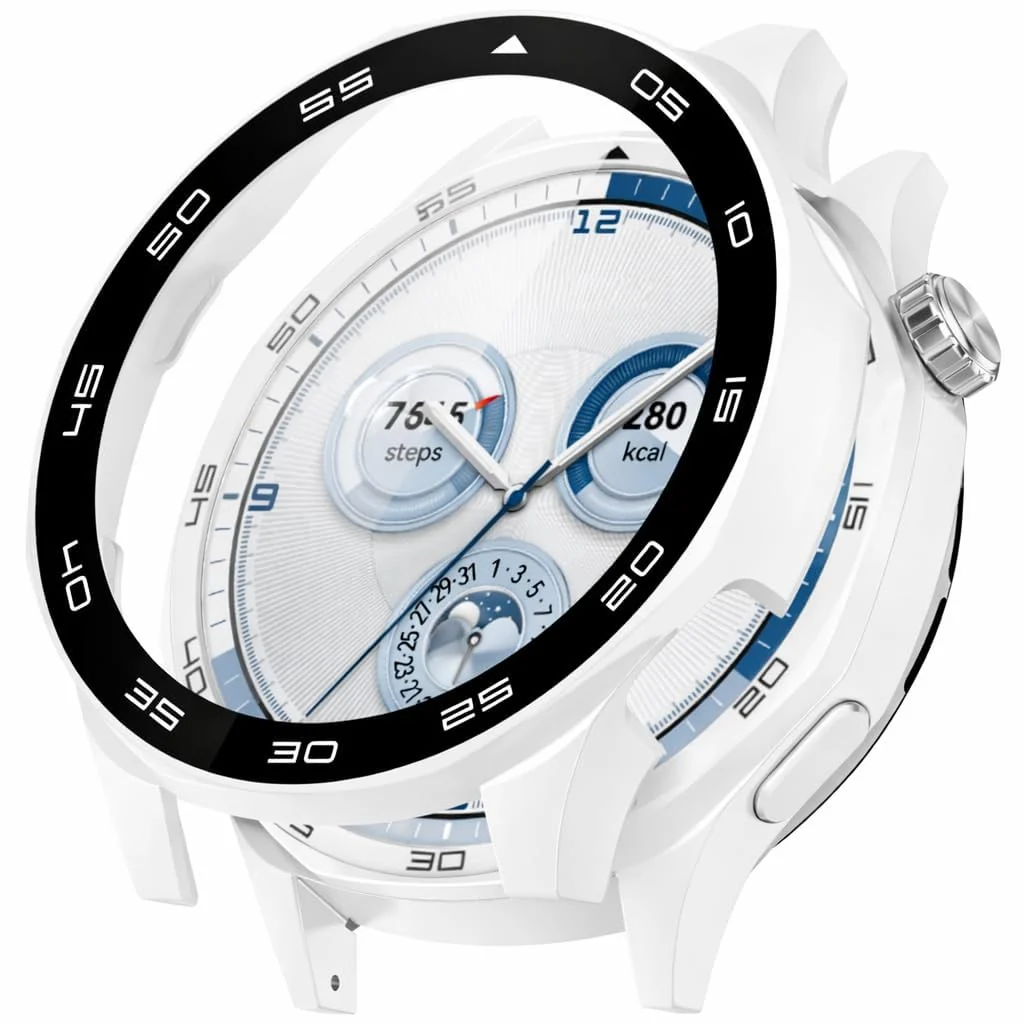 DL3 Mobilak Protective Case for Huawei Watch GT 4 46mm, Hard PC Bumper Cover with Built-in Tempered Glass Screen Protector Shell Cover Full Coverage Scratchproof with Scale - White