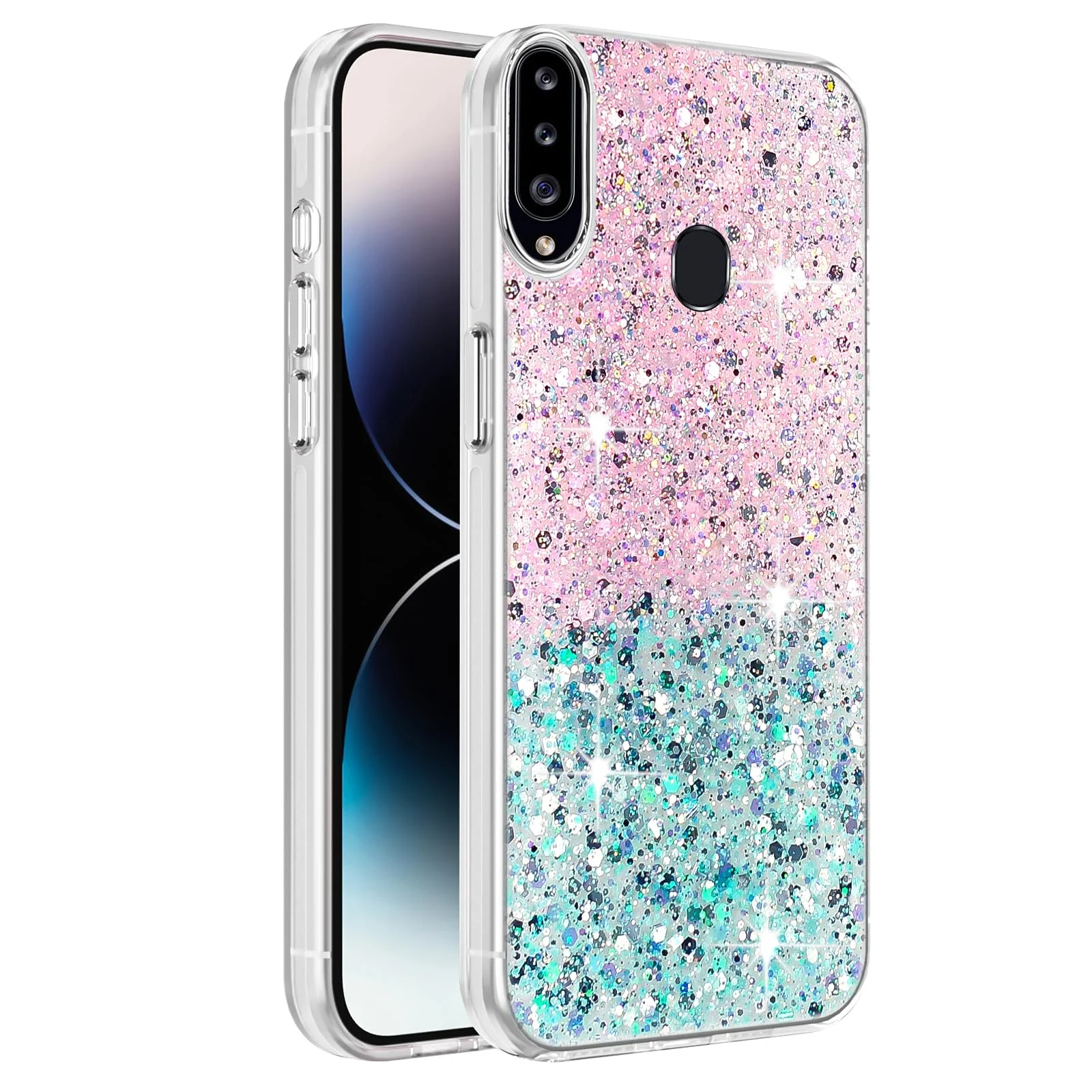 DL3 Mobilak Glitter Rhinestone Protective Case for Samsung Galaxy A20s with Shockproof Design - Pink Green