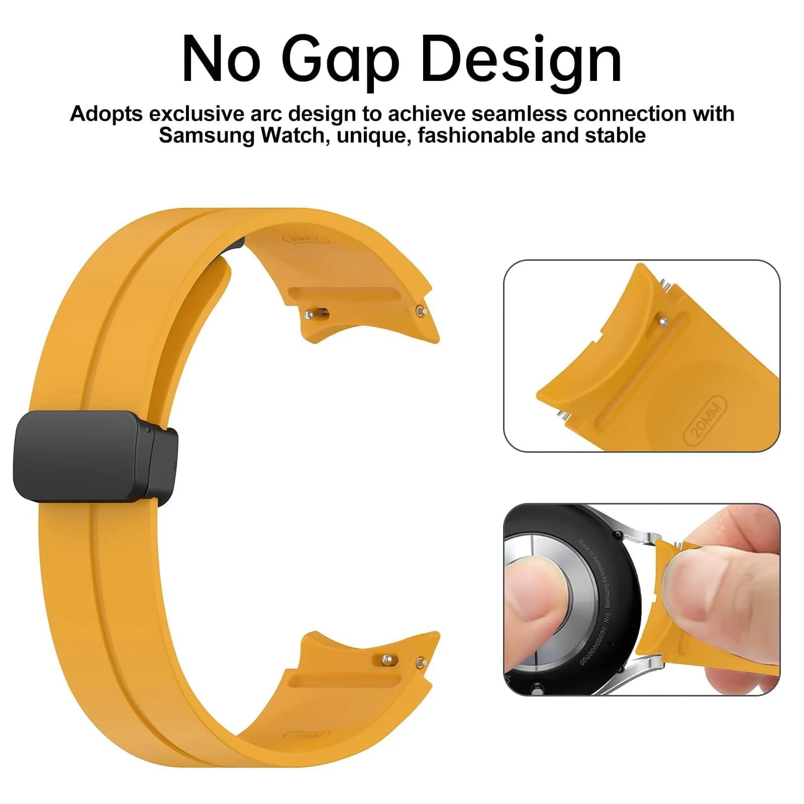 DL3 Mobilak Strap Compatible with Samsung Galaxy Watch 7 FE 6 5 4 Strap 40mm 44mm/Watch 6 Classic 43mm 47mm/5 Pro 45mm/4 Classic 42mm 46mm, No Gap Magnetic Clasp Silicone Band - Yellow