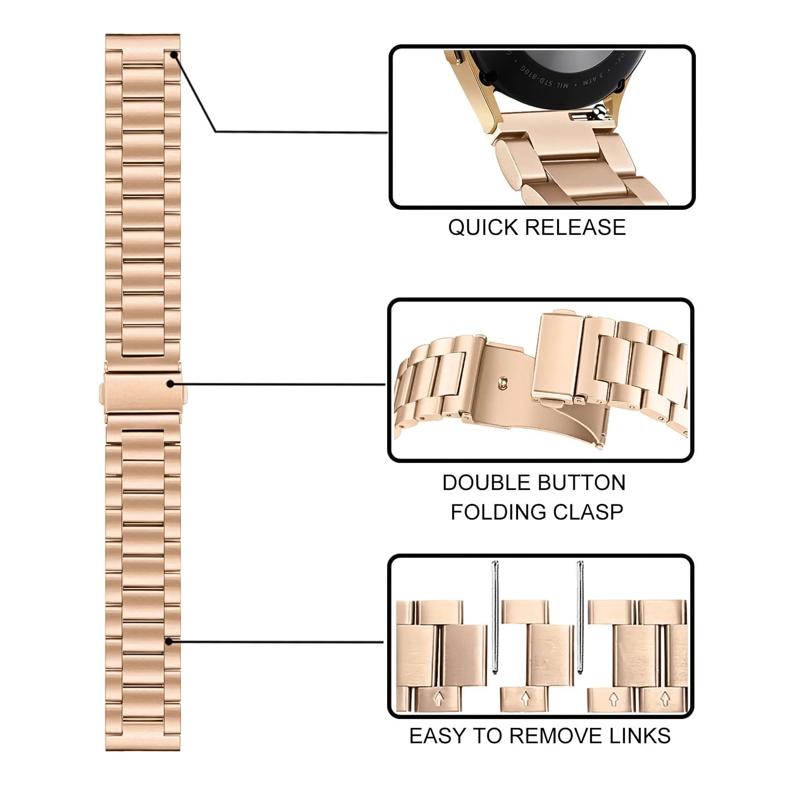 DL3 Mobilak Metal Band 20MM Strap for Samsung Gear Sport, Watch 4/5/5 Pro, S2 Classic, Active 2 40mm 44mm, Amazfit GTS 3/4/4 Mini, Bip 3/Pro/U, GTS 2 Mini/2e - Rose Gold
