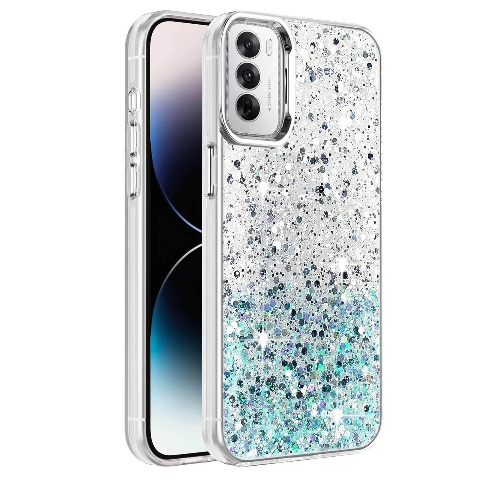 DL3 Mobilak Glitter Rhinestone Protective Case for OPPO Reno 12 5G with Shockproof Design - White Green