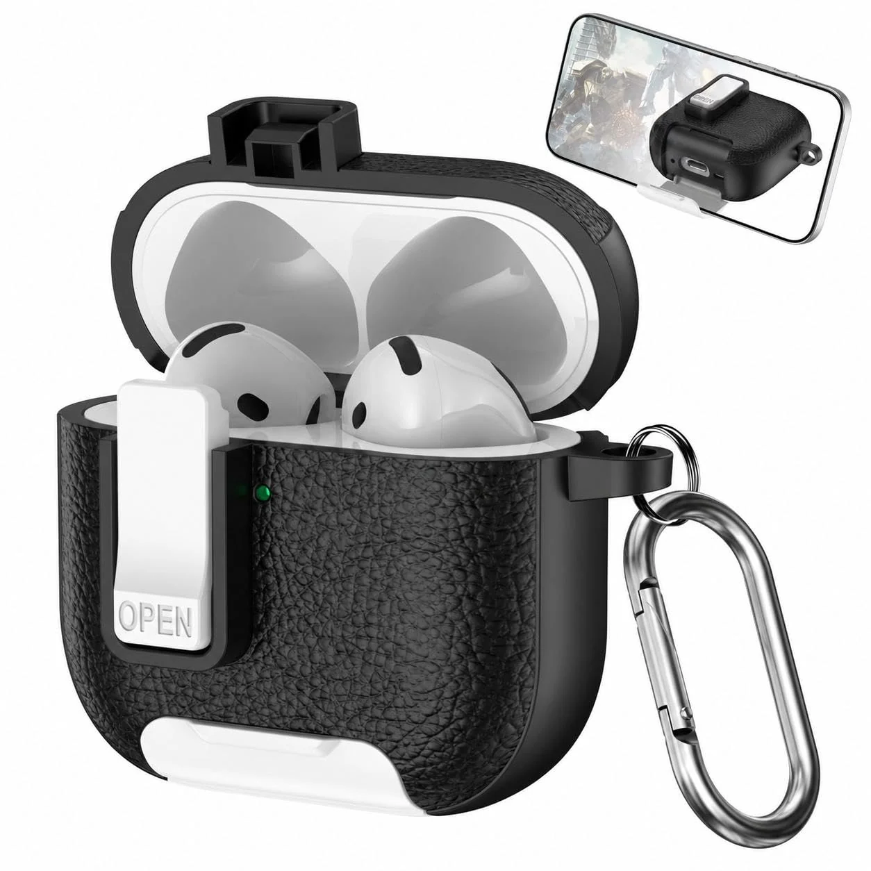 Mobigon for Apple AirPods 3 Leather Case with Secure Lock Clip, Support Wireless Charge, Stand and Charging Port Dustproof Design with Carabiner for AirPods 3 (Black/White)
