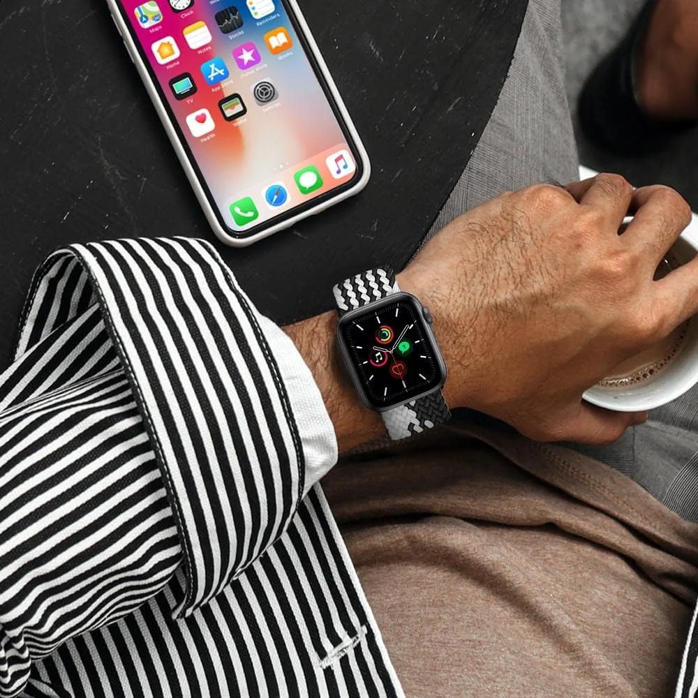 DL3 Mobilak Braided Solo Loop Band For Apple Watch Band 49mm 45mm 44mm 42mm, Replacement Wristband Nylon Strap for iWatch Series SE 9/8/7/6/5/4/3/2/1/Ultra/Ultra 2 (Small) - Black White