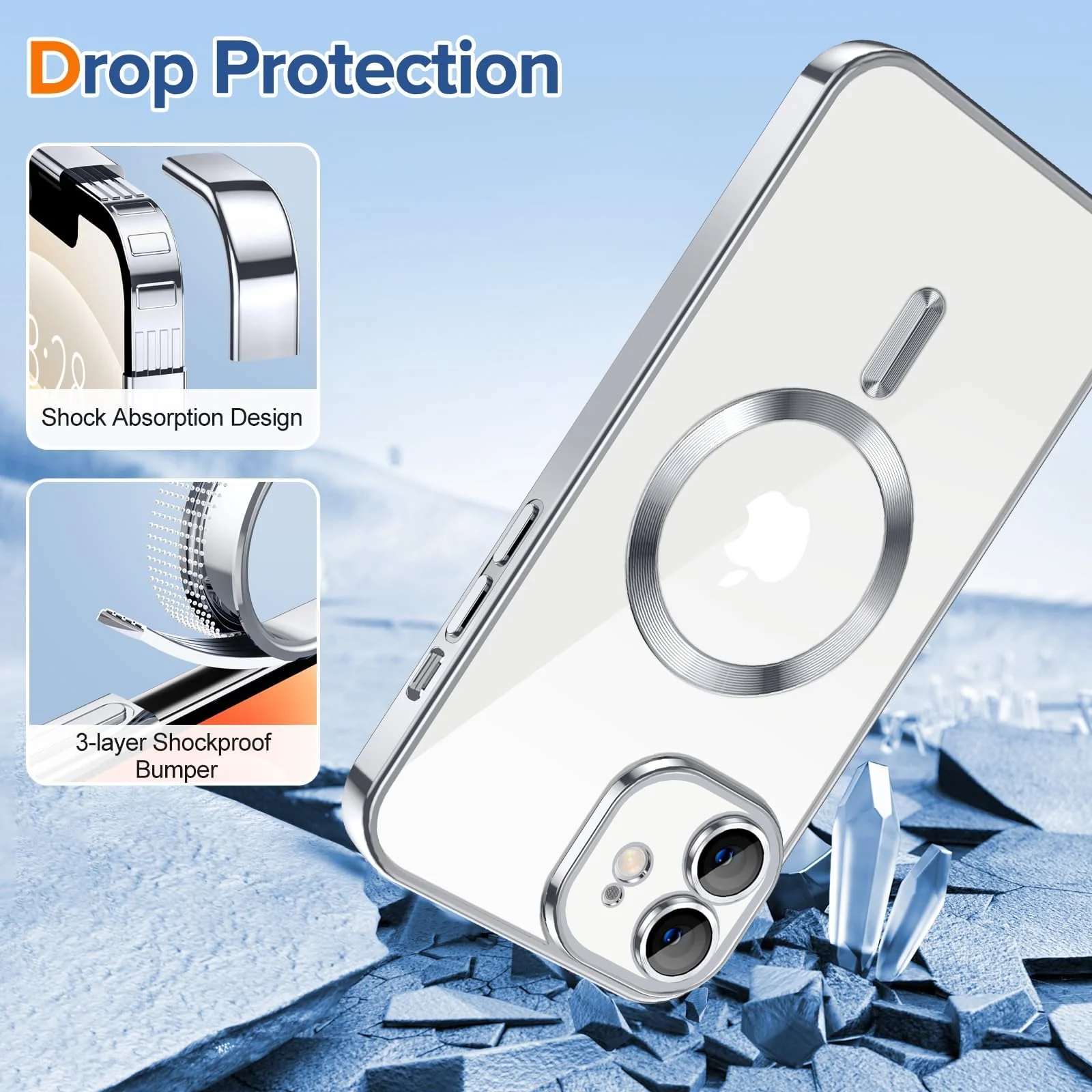 DL3 Mobilak Plated-Edge Protective Case for iPhone 12, Compatible with MagSafe accessories, Built-in magnetic car-mount support, Camera protection - Silver