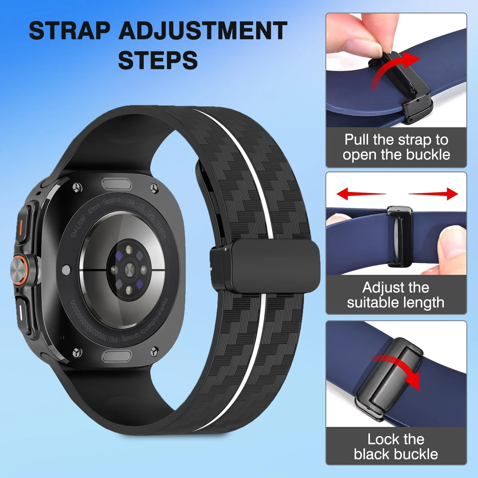 DL3 Mobilak Compatible for Samsung Galaxy Watch Ultra Band 47mm for Men Women, Soft Silicone Waterproof Sport Strap with Magnetic Clasp, Stylish Carbon Fiber Replacement Galaxy Watch 7 Ultra Bands - Black White
