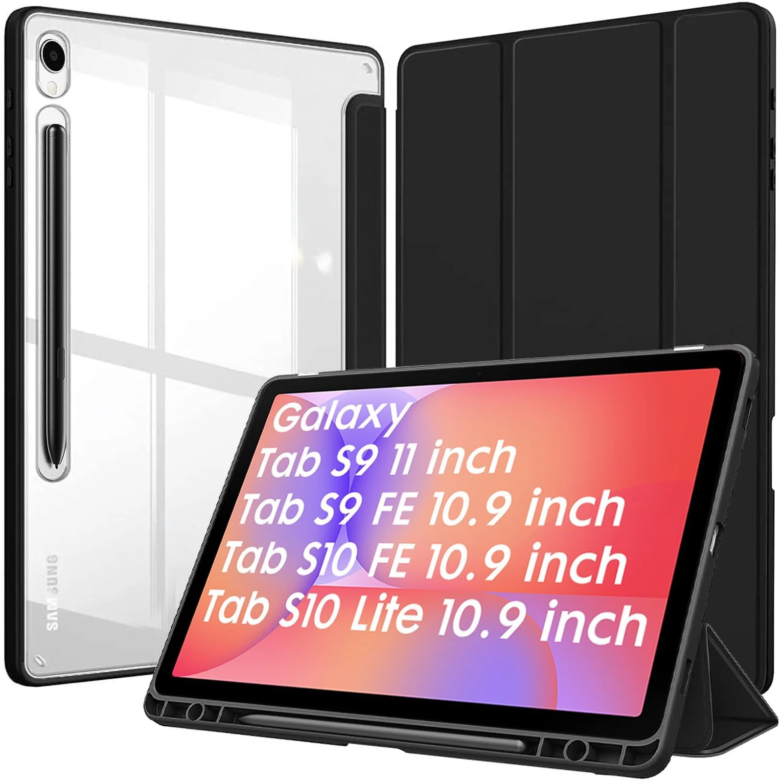 "DL3 Mobilak Case for Samsung Galaxy Tab S10 Lite 10.9"" / S10 FE / S9 FE / S9 11"" with Built-in Pencil Holder, Clear Transparent PC Back, Shockproof Tri-Fold Stand Tablet Cover, Auto Wake/Sleep - Black"