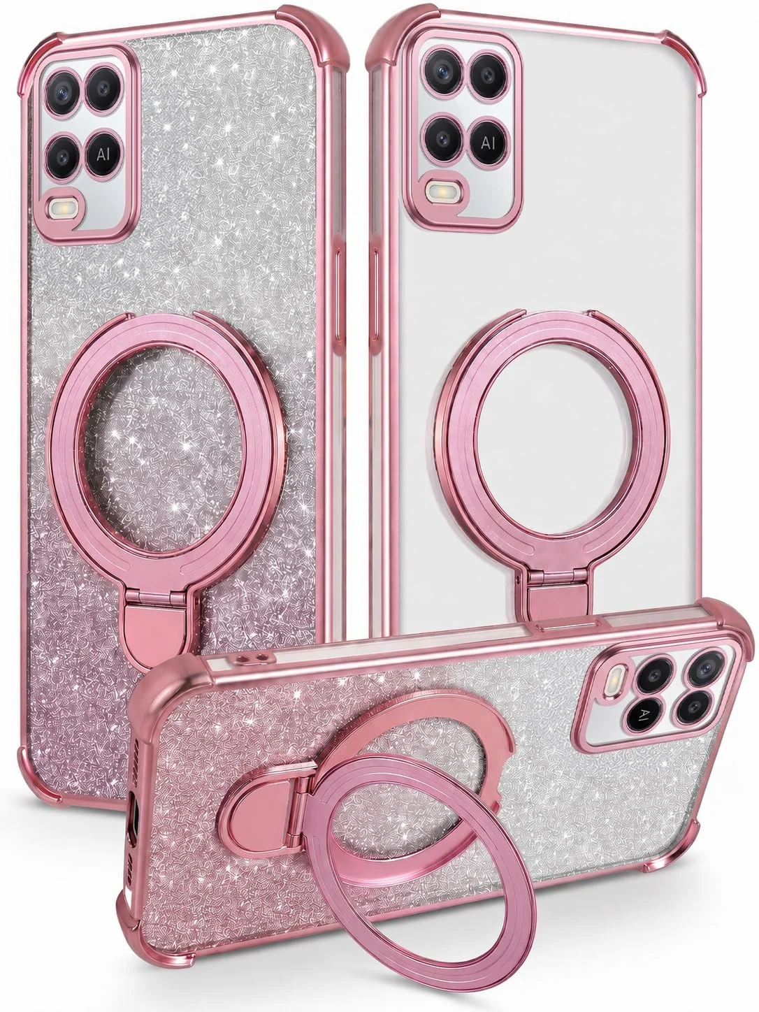 Mobigon Glitter Phone Case Compatible with OPPO A54 4G, Magnetic Ring Stand Shockproof Cover, Clear Soft TPU Bumper with Full Camera Protection - Pink