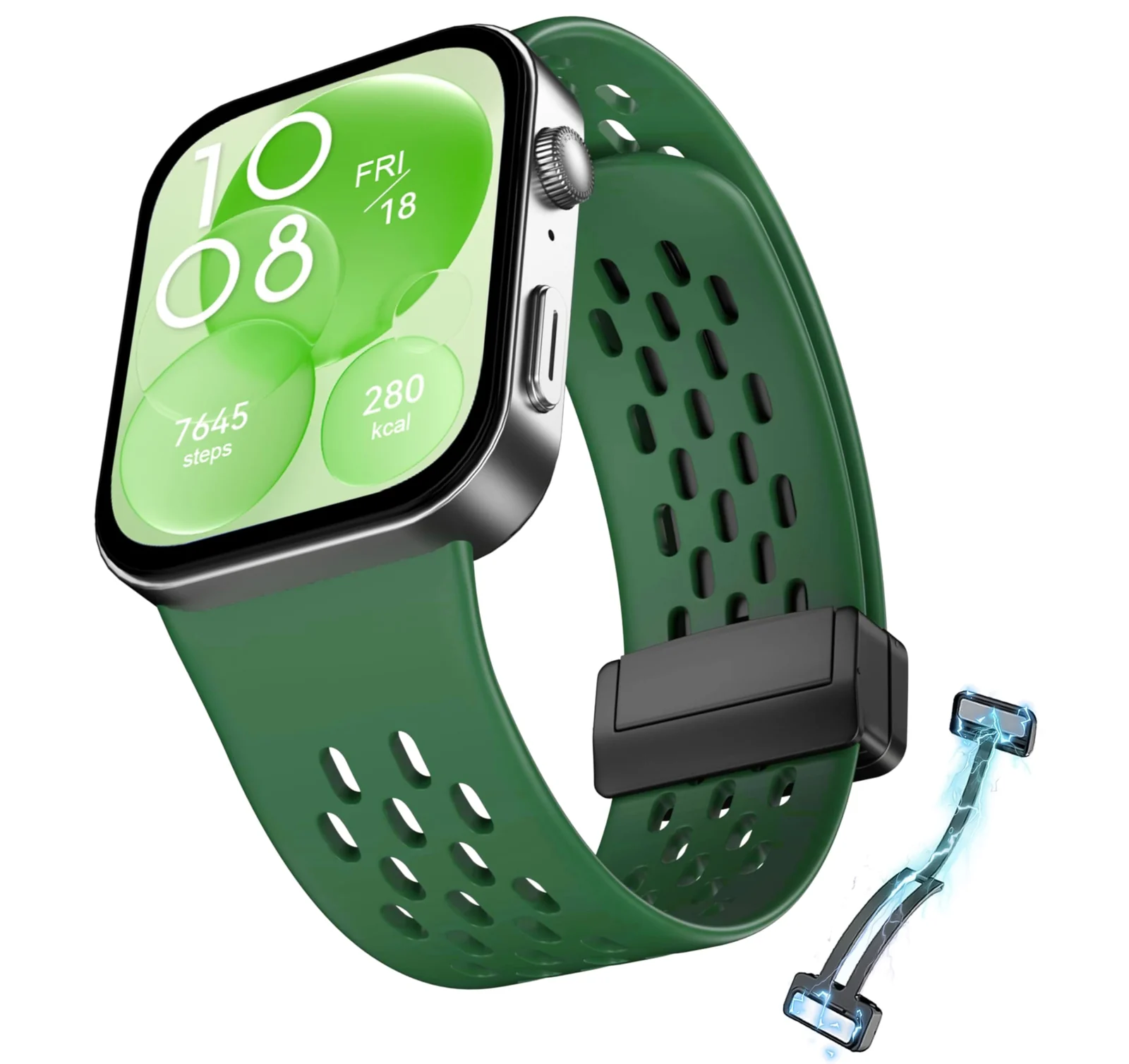 DL3 Mobilak Silicone Strap Compatible with Huawei Watch Fit 3/Fit 4/Fit 4 Pro Magnetic Metal Buckle Sport Silicone Breathable Strap for Men Women Band Quick Release Soft Replacment Wristband - Clover Green