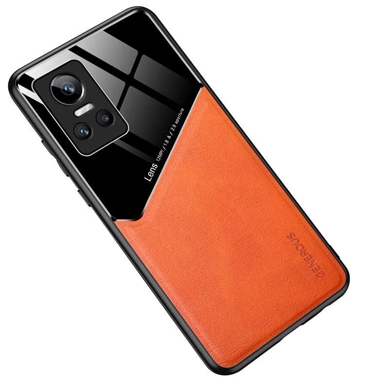 DL3 Mobilak Leather and PC Protective Case for realme GT Neo 3, Built-in magnetic car-mount support, Shock-absorbing protection, Raised edges around the screen and camera - Orange