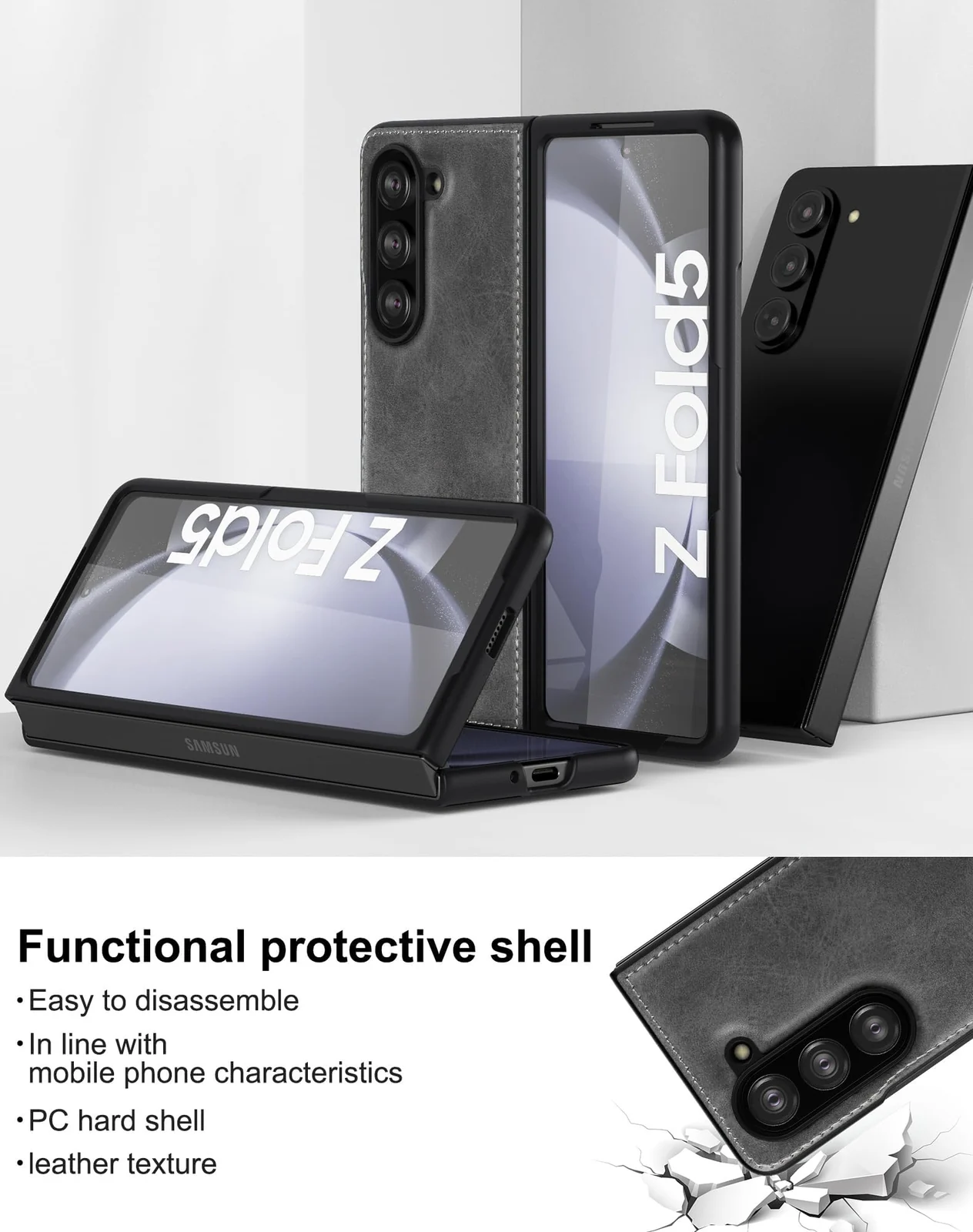 DL3 Mobilak Leather Protective Case for Samsung Galaxy Z Fold 5, Supports wireless charging, Hands-free phone support, Slim, lightweight profile - Gray