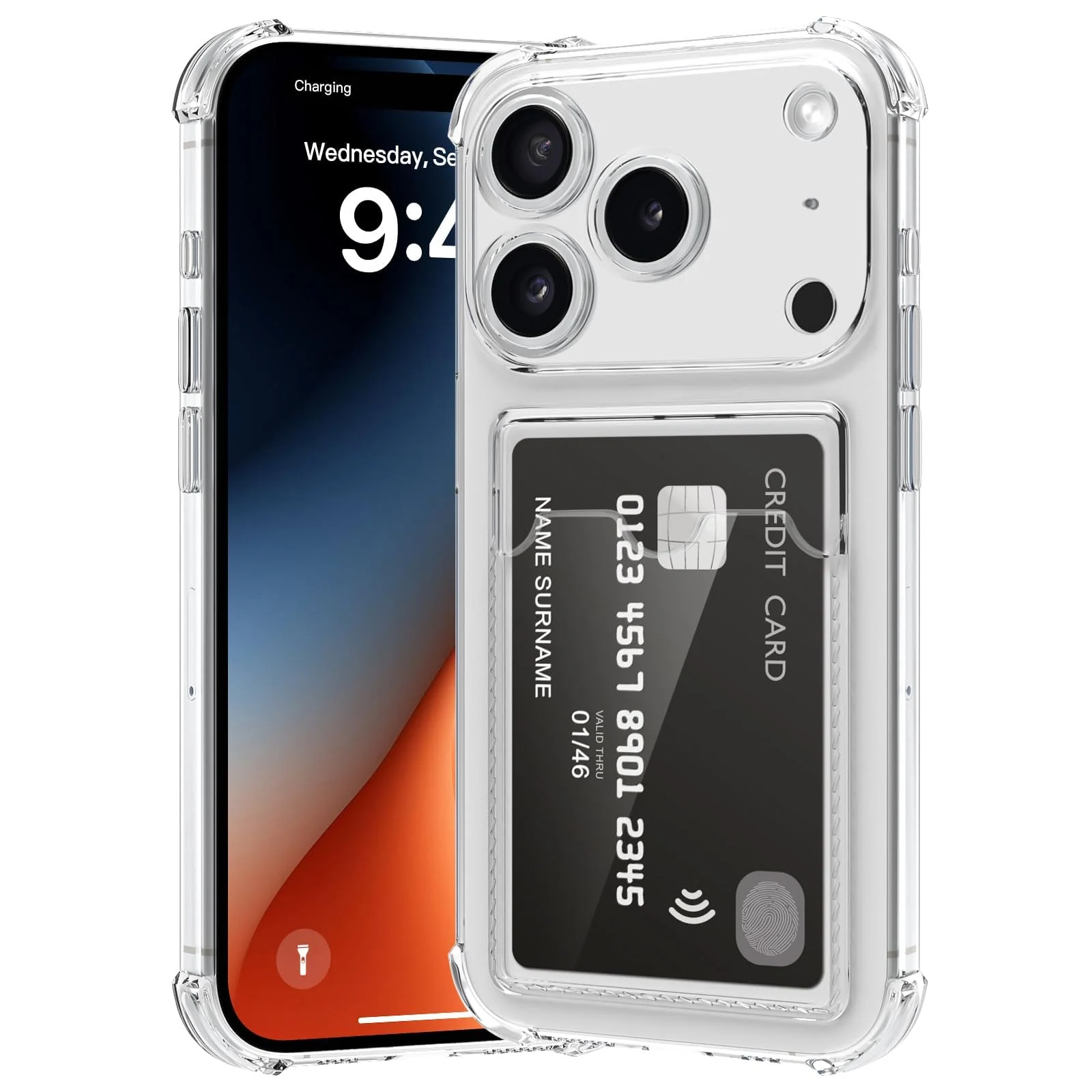 DL3 Mobilak iPhone 17 Pro 6.3 inch Case Clear Card Holder Back Wallet Crystal Transparent Soft TPU Shockproof Bumper Corner Drop Protection Phone Case Cover With Camera Lens Protection - Transparent