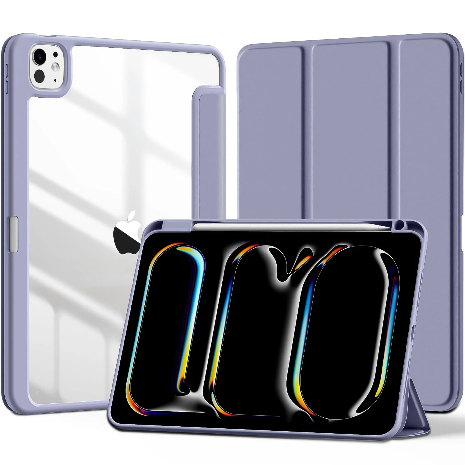 DL3 Mobilak Case for iPad Pro 11-Inch M4 2024 (5th Generation) with Pencil Holder, Clear Transparent Back Shell Slim Stand Shockproof Tablet Cover, Auto Wake/Sleep - Lavender