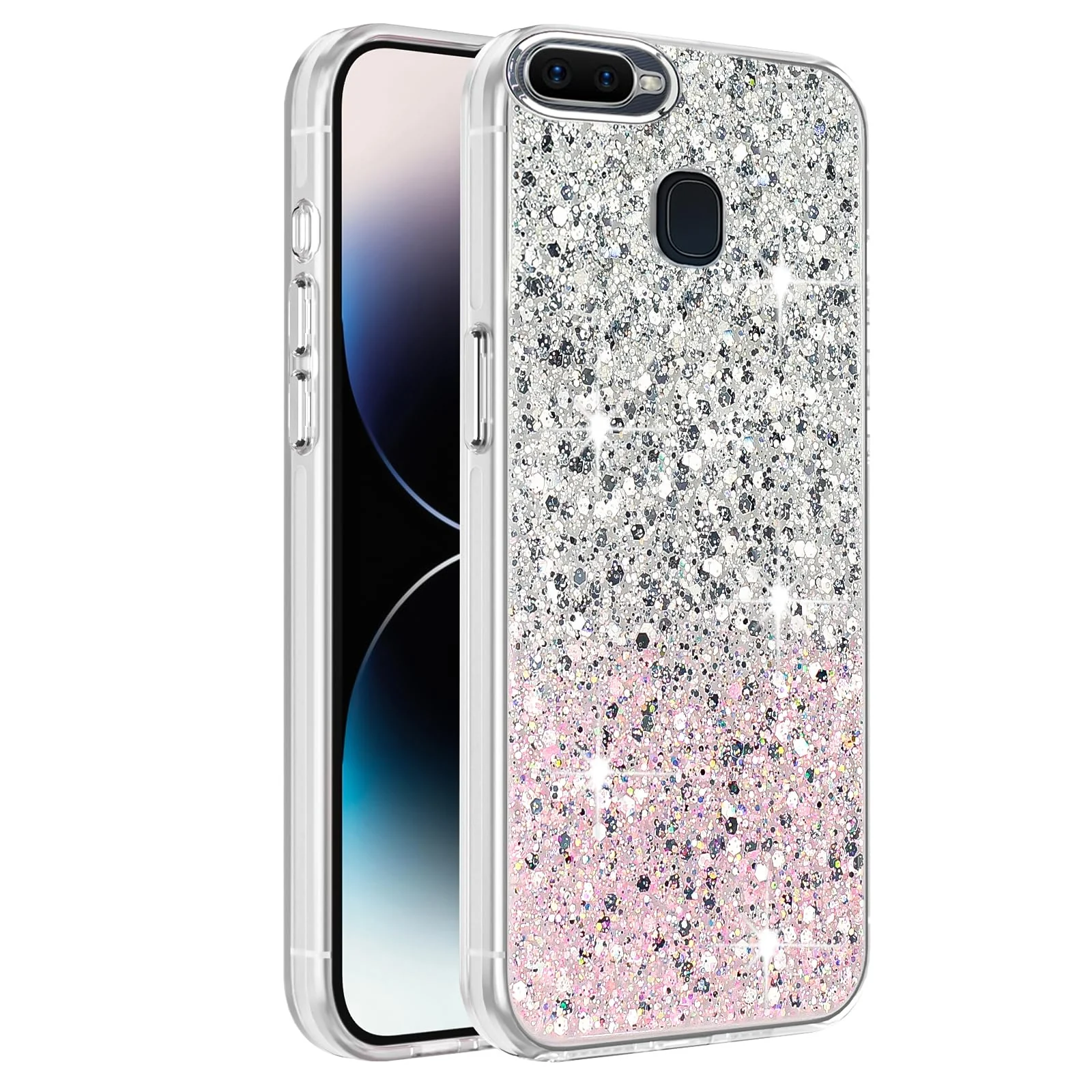 DL3 Mobilak Compatible with OPPO F9/F9 Pro/A5/A5S/A12 /A7 Case, Clear Glitter Bling Sparkly, Soft TPU Frame Bumper, Hard-Back Cover for Women & Girls, Transparent Protective Phone Case - White Pink
