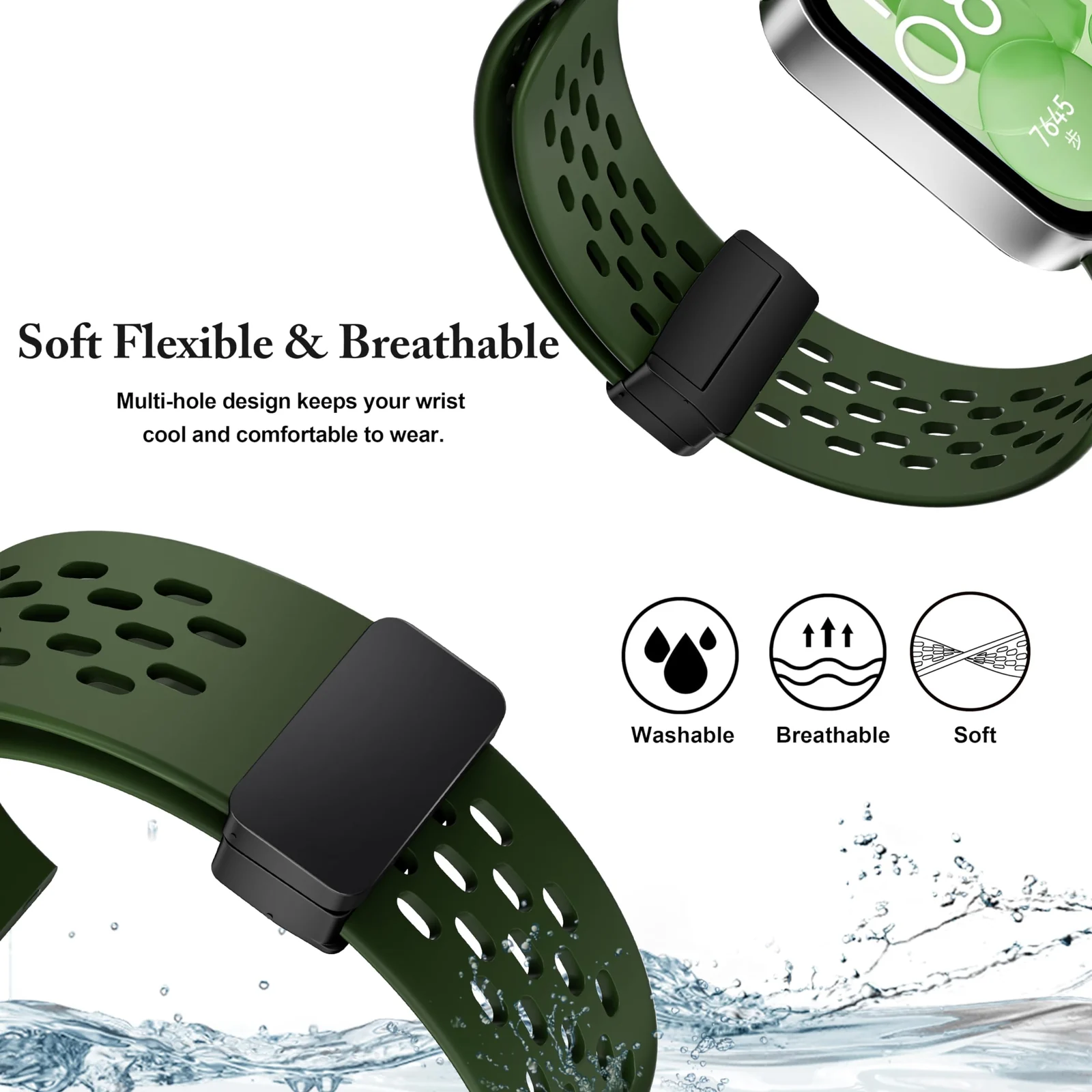 DL3 Mobilak Silicone Strap Compatible with Huawei Watch Fit 3 Magnetic Metal Buckle Sport Silicone Breathable Strap for Huawei Watch Fit 3 Band Quick Release Soft Replacment Wristband - Green