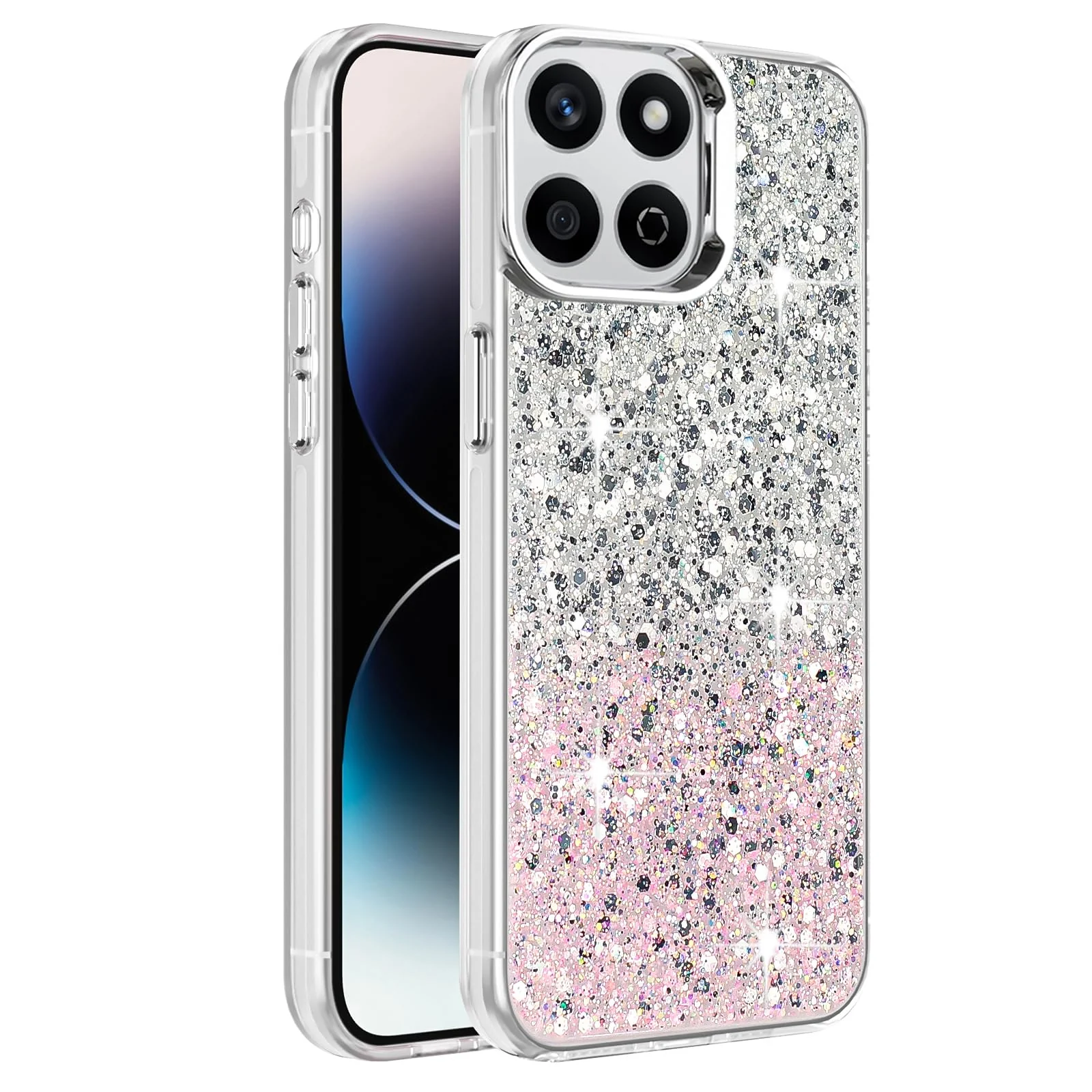 DL3 Mobilak Glitter Rhinestone Protective Case for Honor X7C with Shockproof Design - White Pink