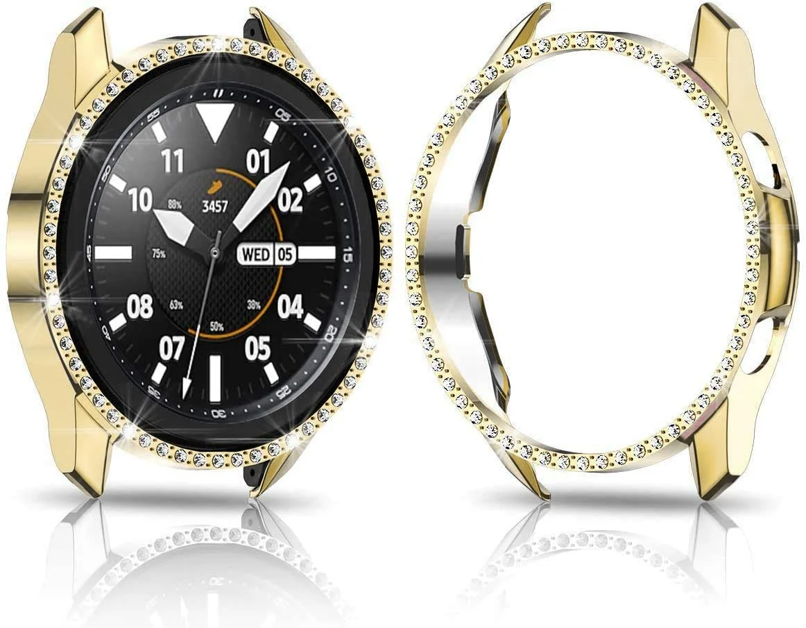 DL3 Mobilak Bumper Diamond Case Compatible with Samsung Galaxy Watch 3 45MM, Bling Crystal Diamonds PC Plastic Protector Case Cover Frame for Galaxy Watch3 45 MM - Gold