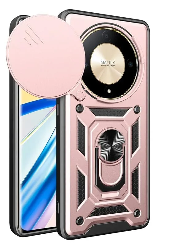 DL3 Mobilak Silicone Protective Case for Honor X9a with Slide Camera, Built-in magnetic car-mount support, Shock-absorbing protection, Built-in kickstand - Rose Gold