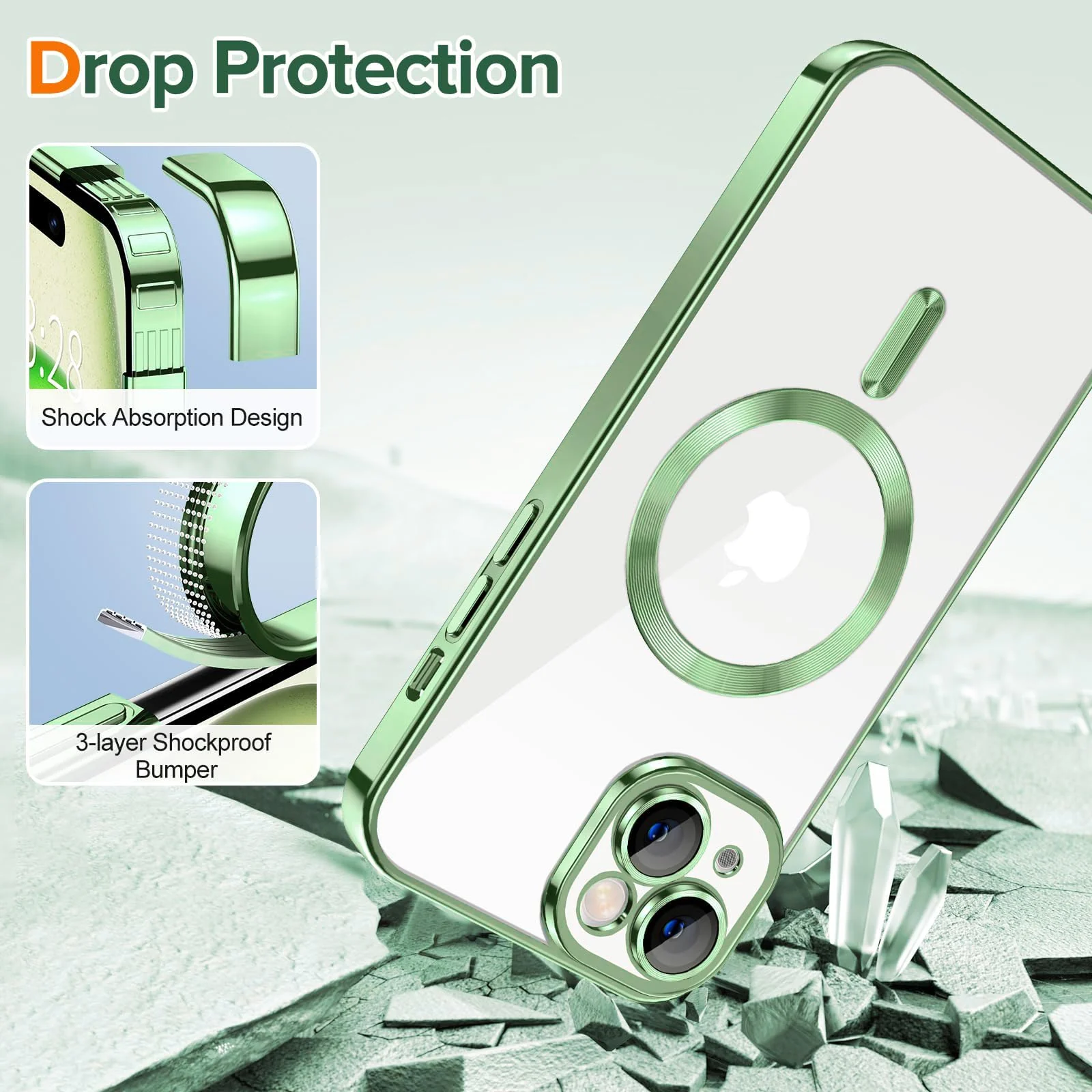 DL3 Mobilak Case for iPhone 13 (6.1 Inch) Compatible with MagSafe with Camera Lens Protector, Magnetic Clear Case Full Protection Plating Anti-Scratch Slim Thin Case Cover - Light Green