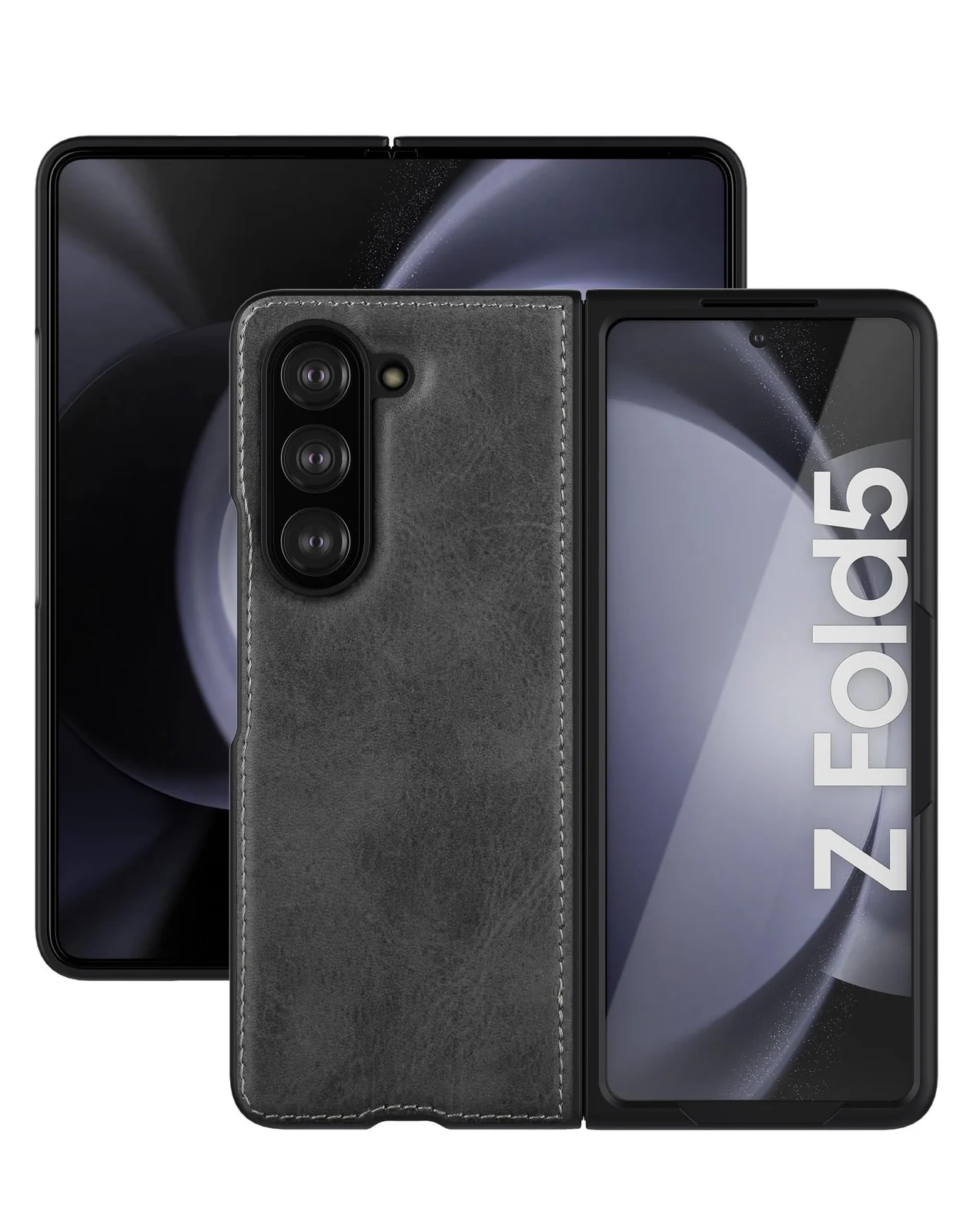 DL3 Mobilak Leather Protective Case for Samsung Galaxy Z Fold 5, Supports wireless charging, Hands-free phone support, Slim, lightweight profile - Gray