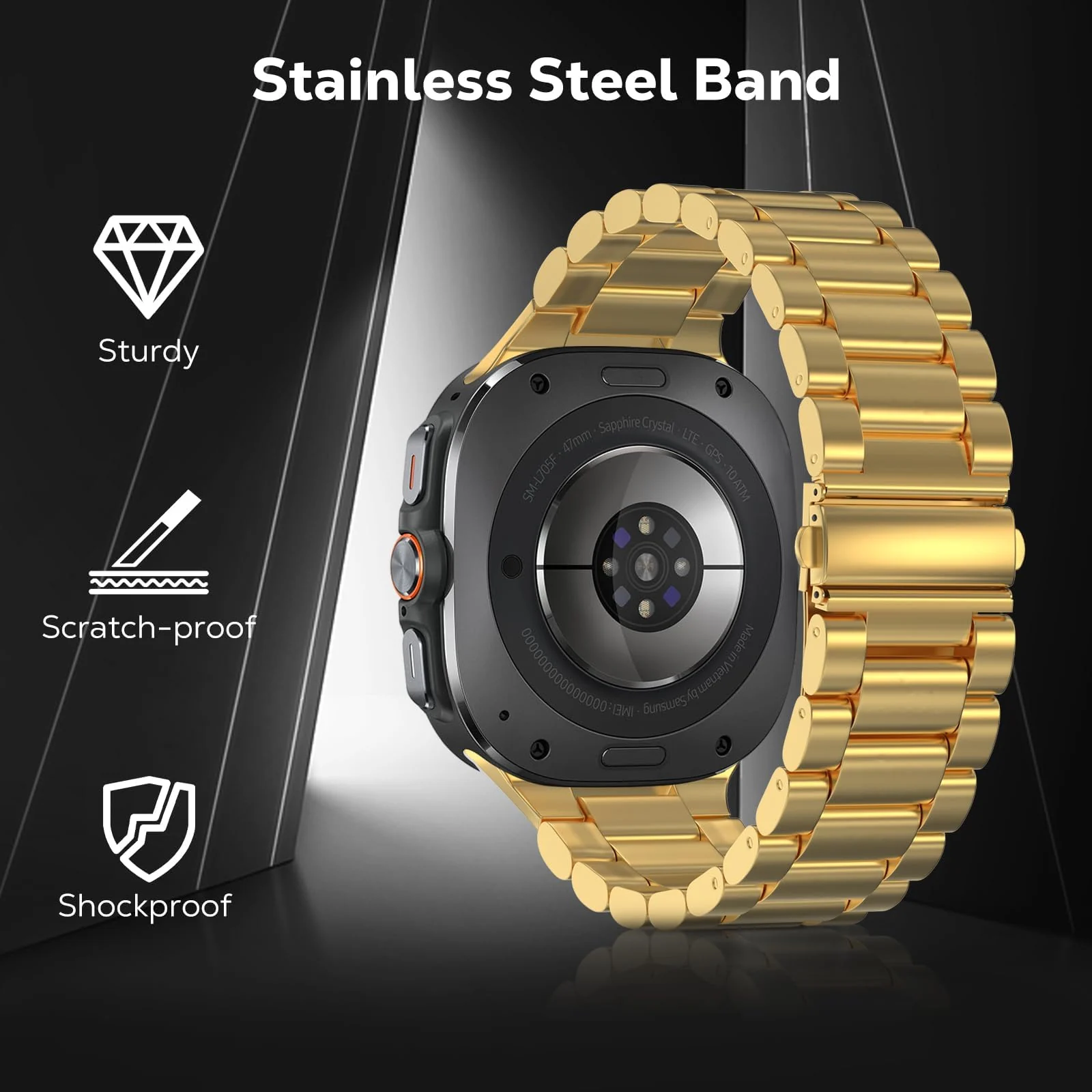DL3 Mobilak Metal Straps Compatible with Samsung Galaxy Watch Ultra Strap 47mm, Stainless Steel Wristband Replacement Watch Strap Bands Accessories Bracelet for Galaxy Watch 7 Ultra - Gold