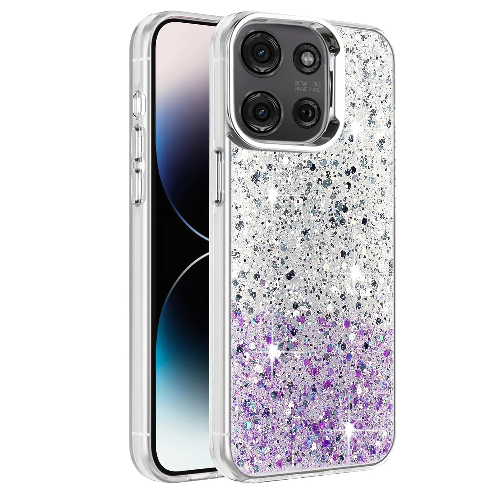 DL3 Mobilak Glitter Protective Case for Motorola Moto G75 5G, Supports wireless charging, Camera protection, Shock-absorbing protection - White Purple