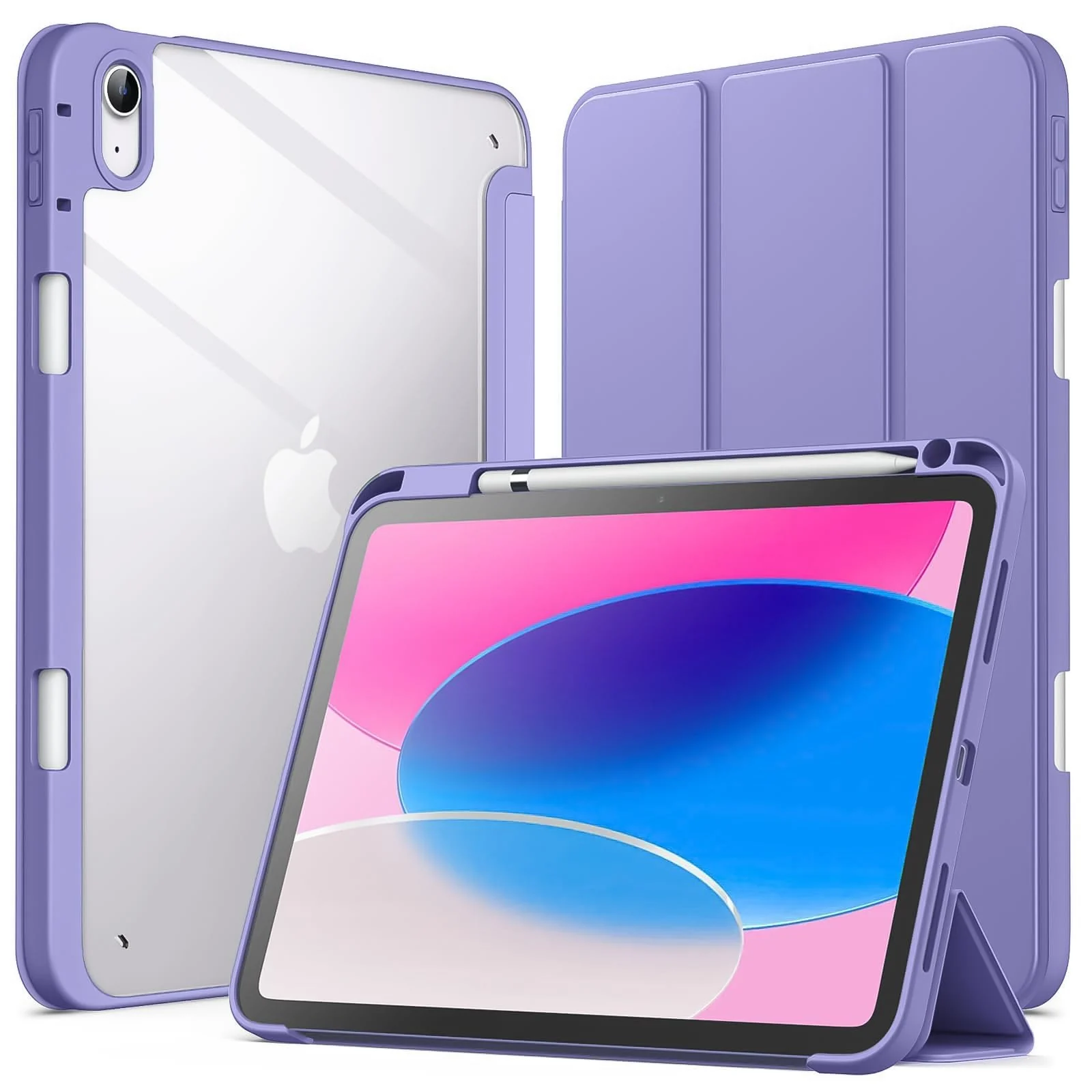 DL3 Mobilak Case for For iPad Air 11-Inch M2 (2024), iPad Air 5/4 (2022/2020 5th/4th 10.9-Inch), Clear Shockproof Back Cover Built-in Pencil Holder, Auto Sleep/Wake - Lavender