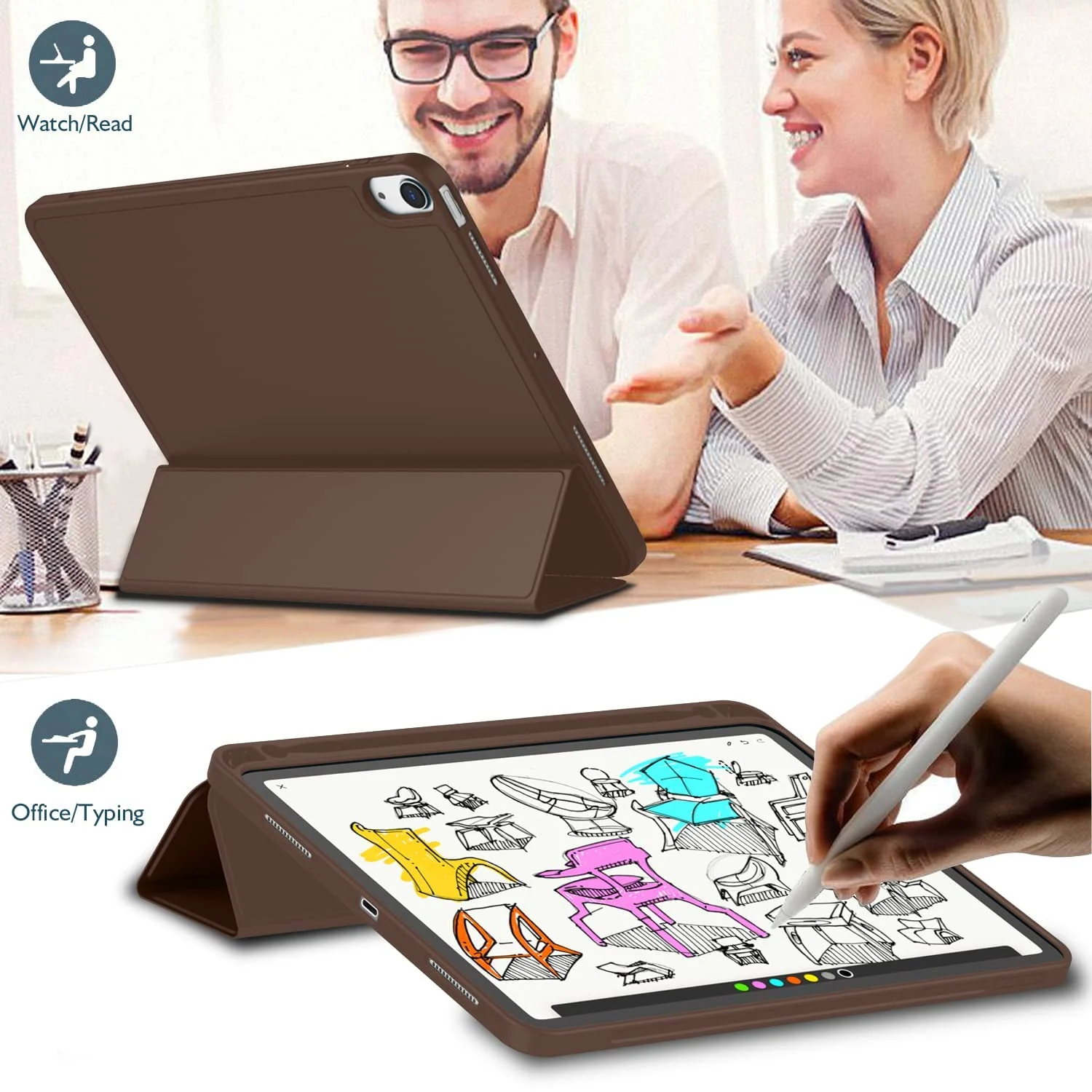 DL3 Mobilak Case For iPad 10th Generation 2022 10.9 Inch with Pencil Holder, iPad 10 [Support Touch ID] Flexible TPU Back Shell Smart Trifold Stand Protective Cover Auto Wake/Sleep - Dark Brown