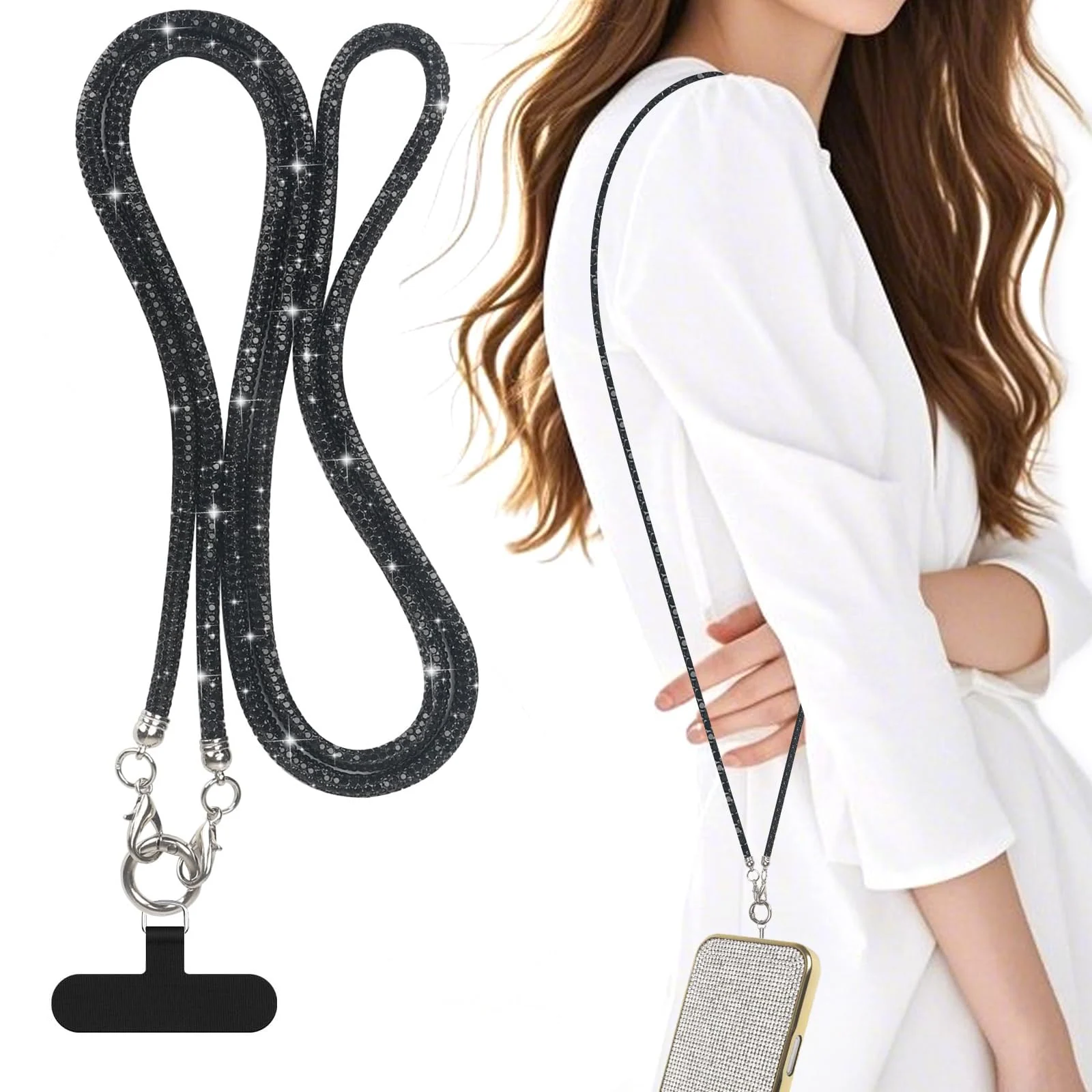 DL3 Mobilak Phone Crossbody Lanyard, Crystal Phone Lanyard with Full Rhinestone Bling Glitter, Bling Phone Strap for Most Phone, iPad, Handbag, Wallet, Phone Neck Holder for Women - Black