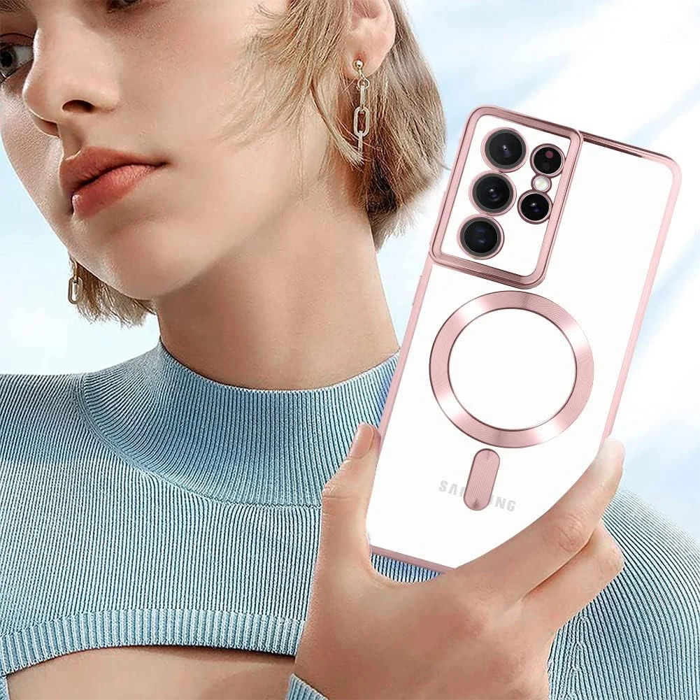 DL3 Mobilak Clear MagSafe-Compatible Magnetic Case for Samsung Galaxy S21 Ultra with Camera Protection and Shockproof Design - Pink