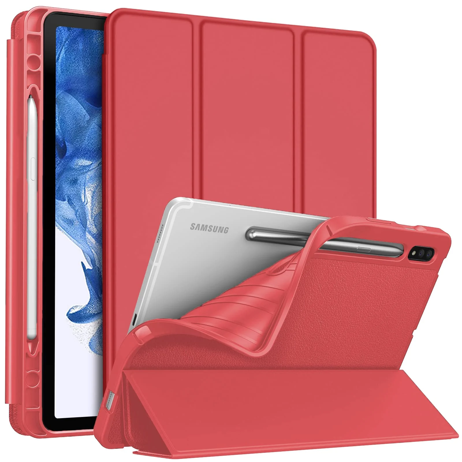 "DL3 Mobilak Smart Case for Samsung Galaxy Tab S8 Ultra 14.6"" 2022 with Pencil Holder, Soft TPU Smart Stand Back Cover Auto Wake/Sleep Feature - Red"