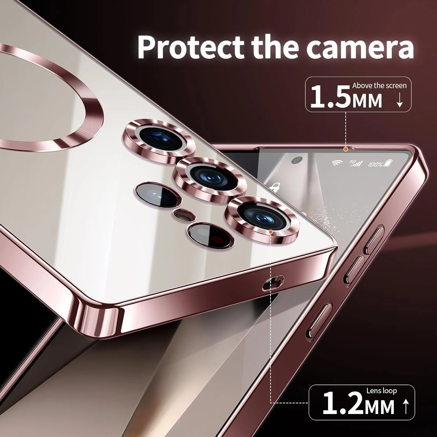 DL3 Mobilak For Samsung Galaxy S22 Ultra Magnetic Case, Compatible with MagSafe, Built-in Camera Lens Protector, Luxury Plating Soft TPU Clear Shockproof Slim Thin Cover - Rose Gold
