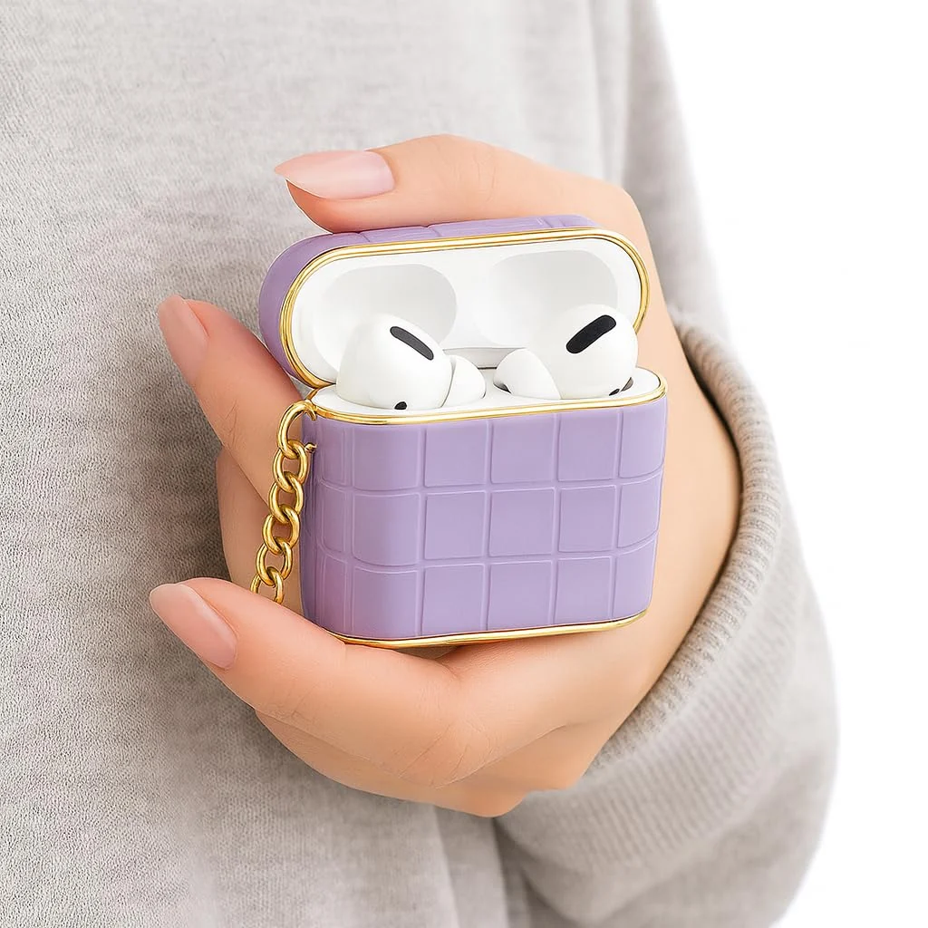DL3 Mobilak Luxury AirPods 4 Case with Gold Chain, Crocodile Pattern PU Leather Protective Cover for Apple AirPods 4th Generation 2024, Shockproof, Stylish Gift for Women & Men - Velvet Purple
