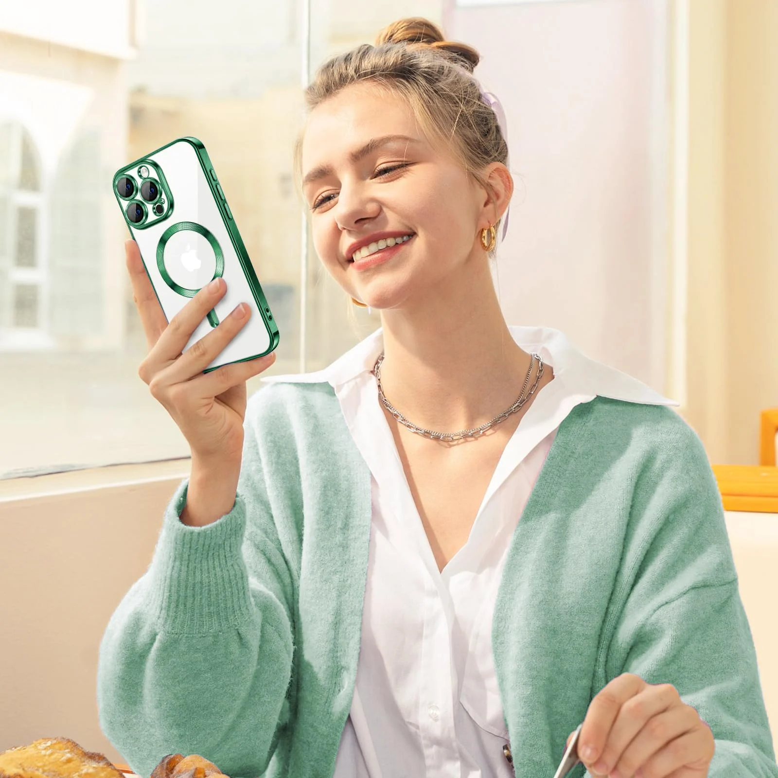 DL3 Mobilak Clear MagSafe-Compatible Magnetic Case for iPhone 16 Pro with Camera Protection and Shockproof Design - Green