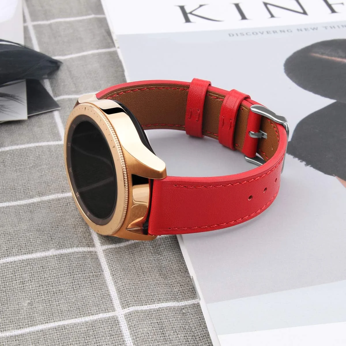 DL3 Mobilak Leather Band 20MM Strap For Samsung Gear Sport/Watch 4/Watch 5/5 Pro /S2 classic/active 2 40mm 44mm/Amazfit GTS 3/ GTS 4/4 Mini/Bip 3/Pro/GTS 2 mini/GTS 2e/Bip U/UPro - Red