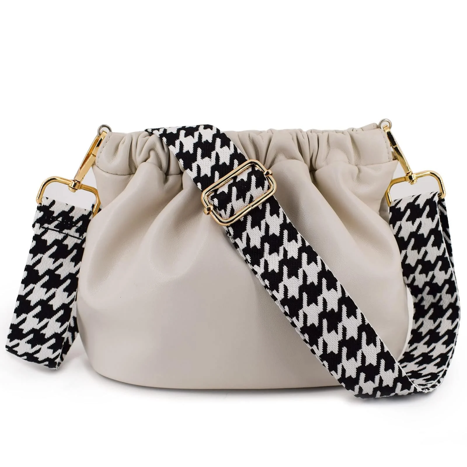 DL3 Mobilak Adjustable Wide Crossbody Bag Strap for Women, Replacement Shoulder Strap for Handbags, Totes & Purses with Elegant Embroidered Pattern and Metal Hooks - Black Houndstooth
