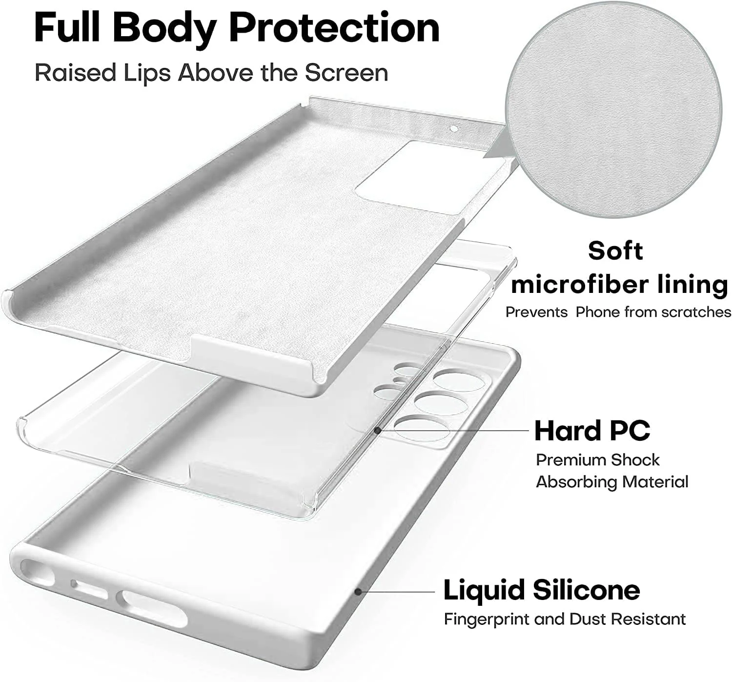 DL3 Mobilak Silicone Protective Case for Samsung Galaxy S24 Ultra, Shock-absorbing protection, Built-in kickstand, Integrated ring holder - White