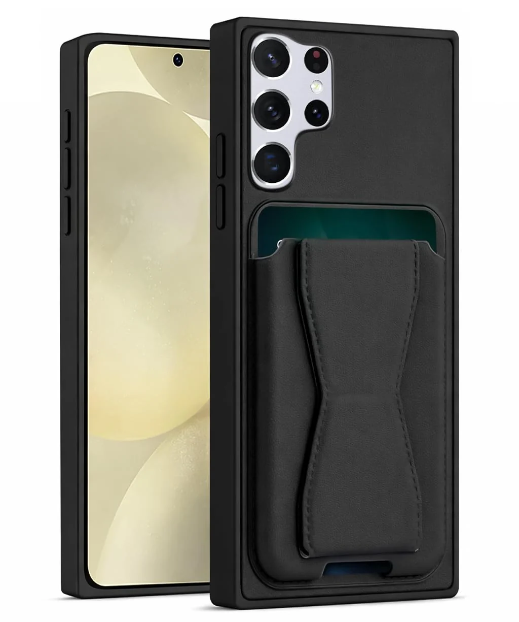 DL3 Mobilak Leather Wallet Case Compatible with Samsung Galaxy S24 Ultra, Leather Back Cover With TPU Frame, Shockproof Protective Phone Case with Card Holder Stand - Black