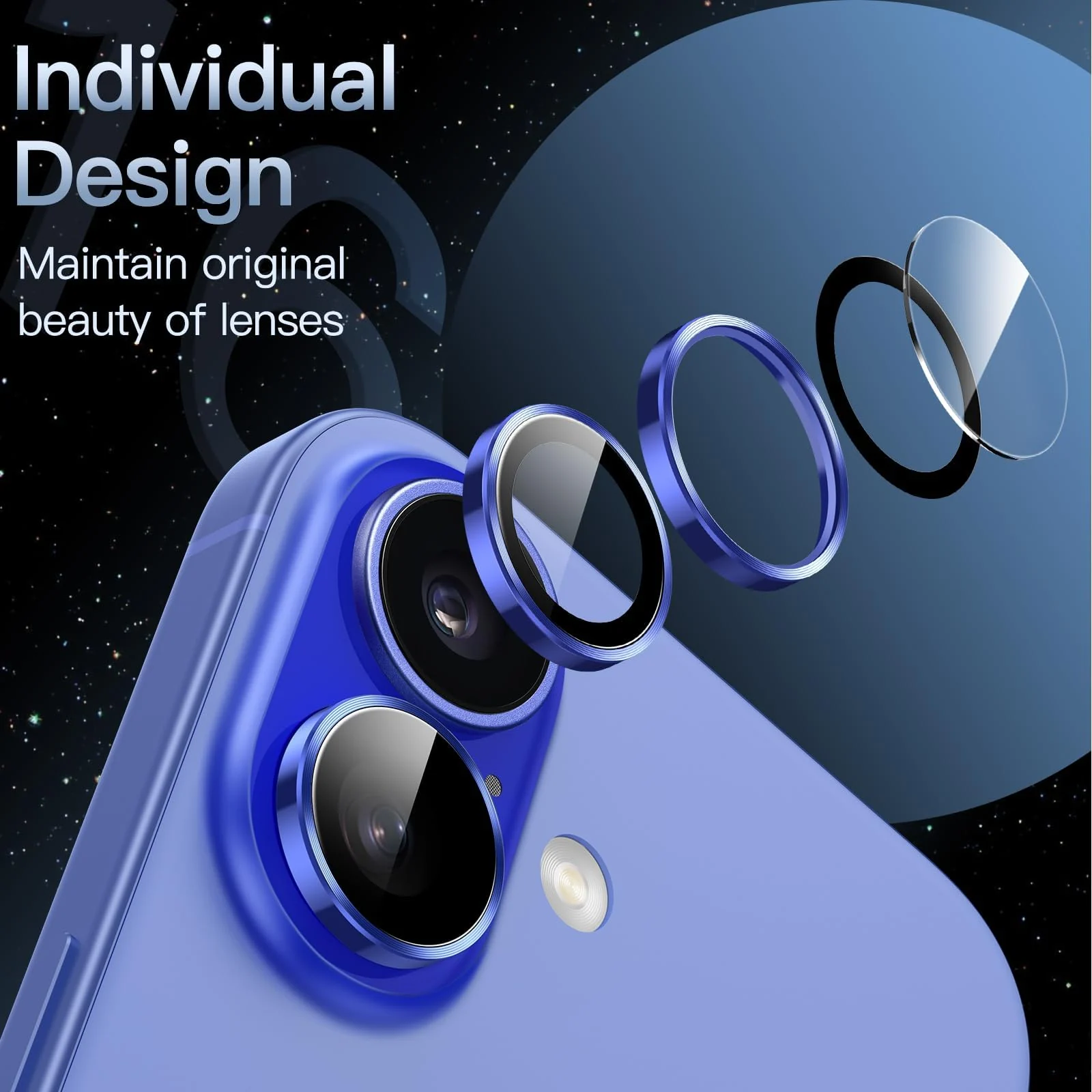 DL3 Mobilak Camera Lens Protector For iPhone 16/iPhone 16+ Plus, [Keep Original Shooting] Tempered Glass Screen Protector Metal Individual Camera Cover, Case Friendly - Ultramarine