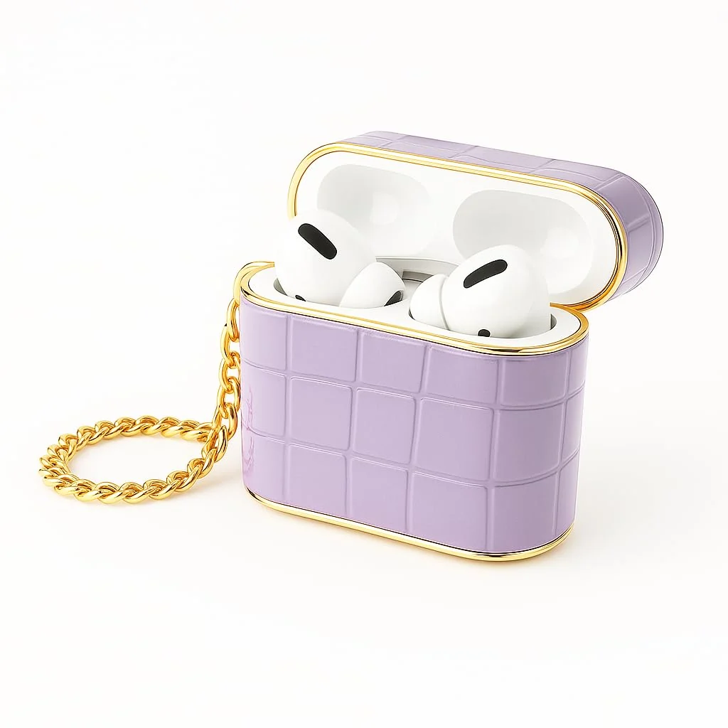 DL3 Mobilak Luxury AirPods 4 Case with Gold Chain, Crocodile Pattern PU Leather Protective Cover for Apple AirPods 4th Generation 2024, Shockproof, Stylish Gift for Women & Men - Velvet Purple