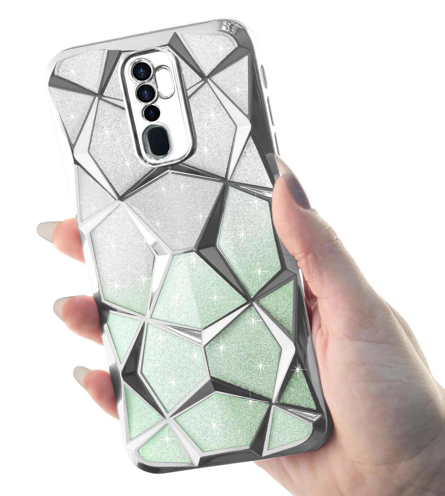 DL3 Mobilak Compatible with OPPO A9 2020 / OPPO A5 2020 Case Plating Bling Gradient Glitter Clear Cover Soft TPU Silicone Cute Camera Protection Shockproof Back for Women Girls Case - Silver Green
