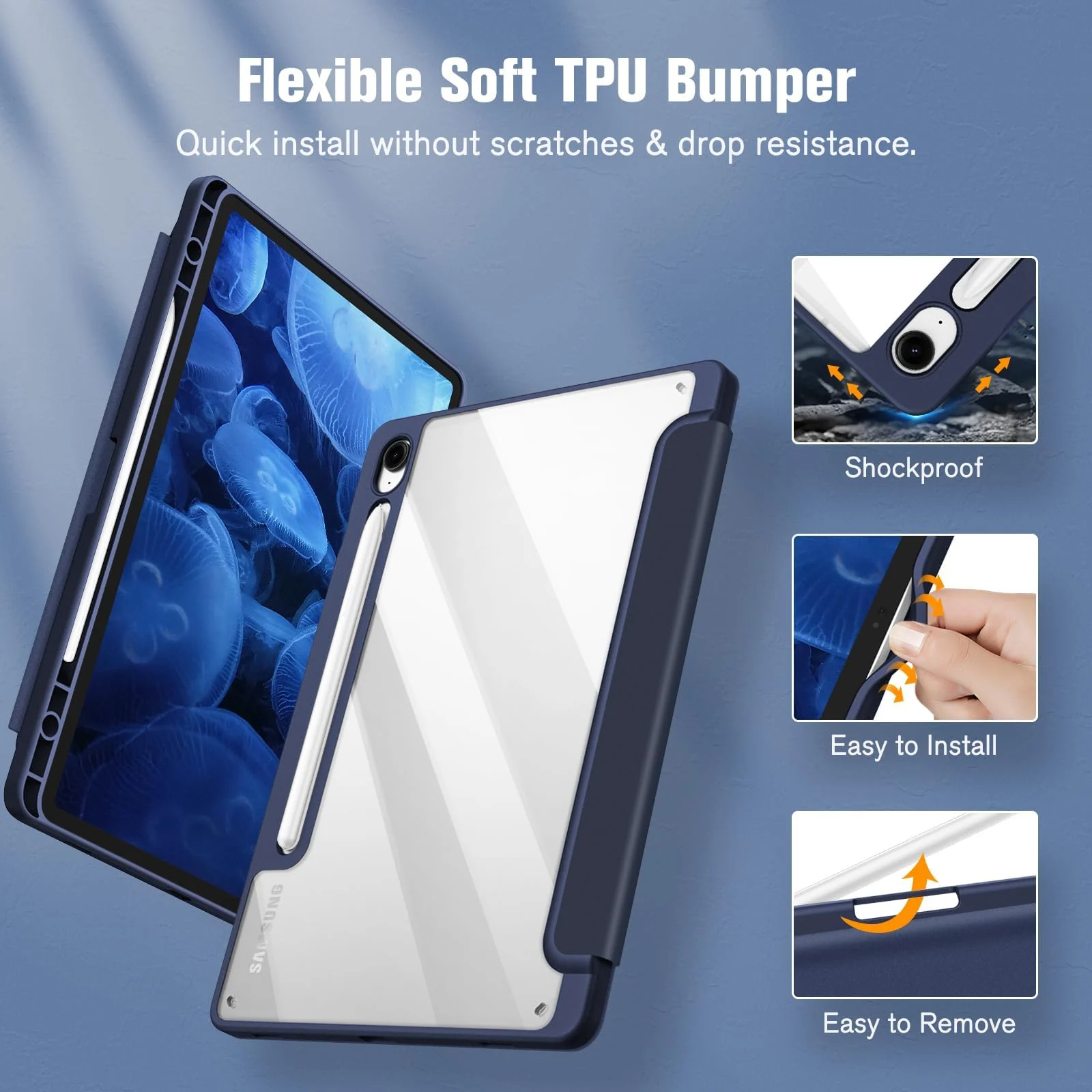 DL3 Mobilak Hybrid Slim Case for Samsung Galaxy Tab S9 FE 5G 10.9 Inch/Galaxy Tab S9 11 Inch 2023 with S Pen Holder, Shockproof Cover with Clear Transparent Back Shell, Auto Wake/Sleep - Midnight Blue