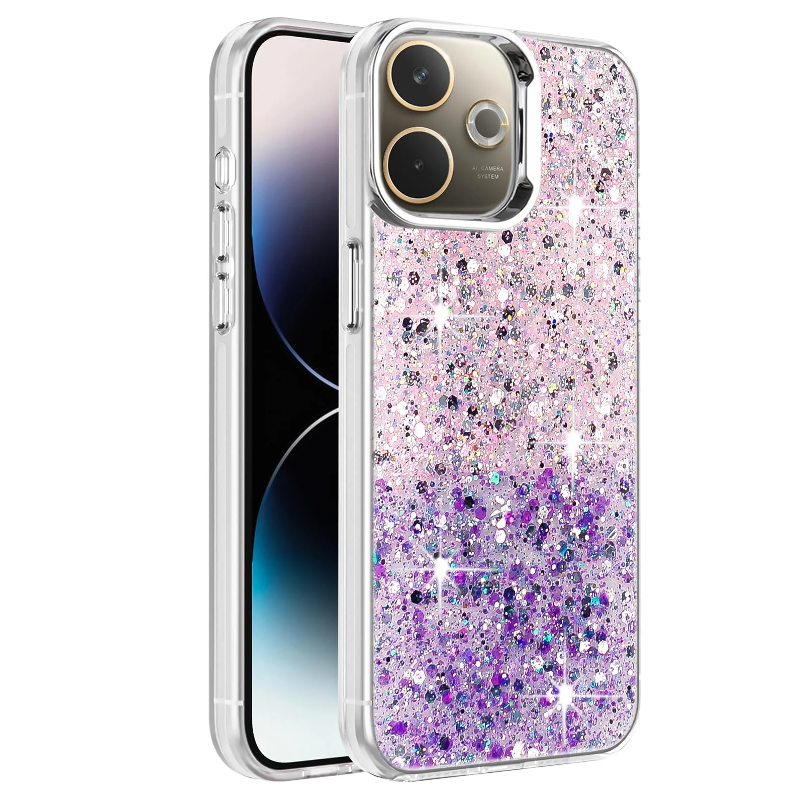 DL3 Mobilak Glitter Protective Case for OPPO A5 Pro 5G / 4G, Supports wireless charging, Camera protection, Shock-absorbing protection - Pink Purple
