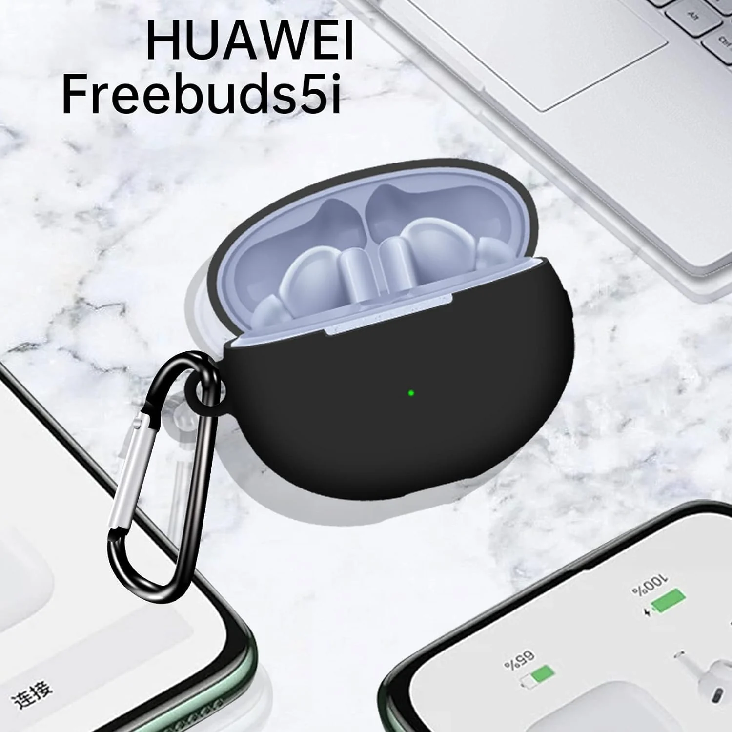 DL3 Mobilak Silicone Case Compatible with Huawei FreeBuds 5i Earbuds, Soft Silicone Protective Case Cover, Shockproof Sleeve with Carabiner - Black