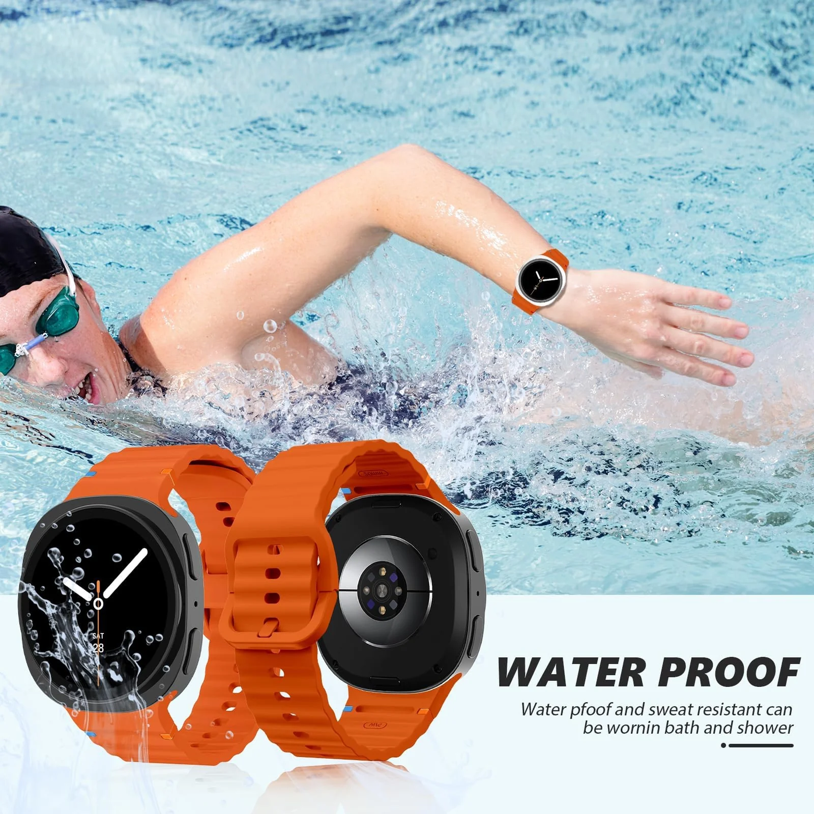 DL3 Mobilak Sport Strap for Samsung Galaxy Watch 8 Straps 40mm 44mm/8 Classic Bands 46mm Men Women, One Click No Gap Waterproof Soft Silicone Sport Band for Samsung Watch 8/8 Classic Strap - Orange