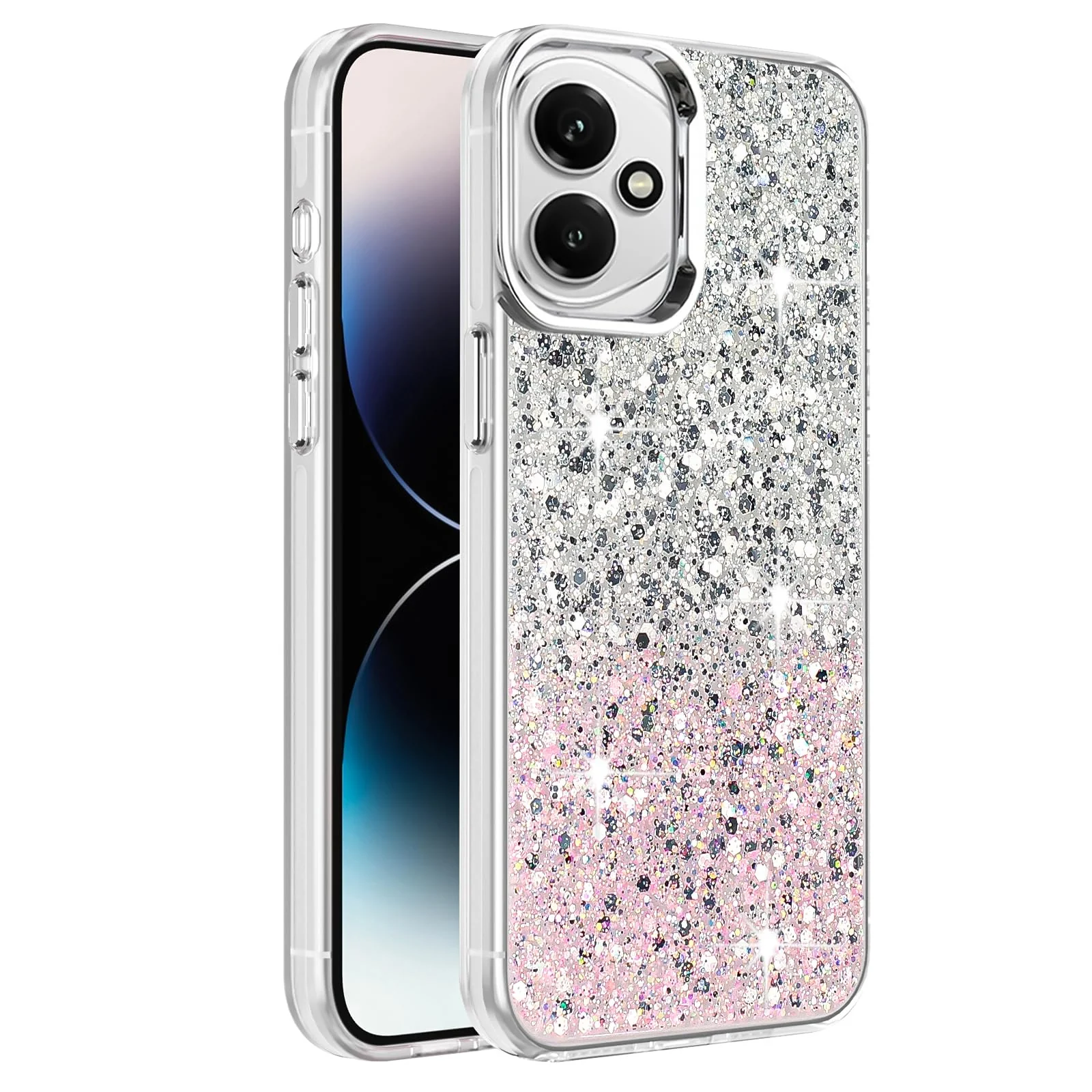 DL3 Mobilak Glitter Protective Case for Honor 400 5G, Supports wireless charging, Camera protection, Shock-absorbing protection - White Pink