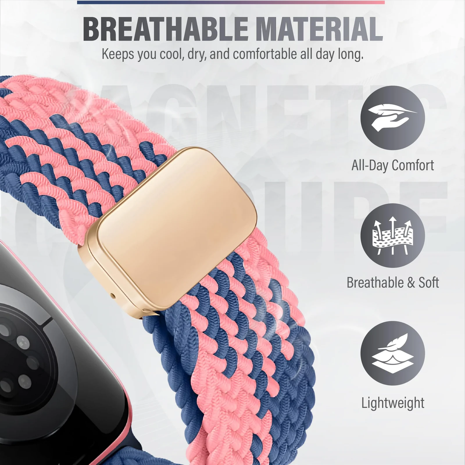 DL3 Mobilak Sport Solo Loop Compatible with Apple Watch Band 42mm 44mm 45mm 46mm 49mm for Women Men, Magnetic Strap Stretchy Braided Wristband for iWatch Series 11 10 9 8 7 6 5 4 3 Ultra 3 2 1 SE SE2 - Blue-Pink