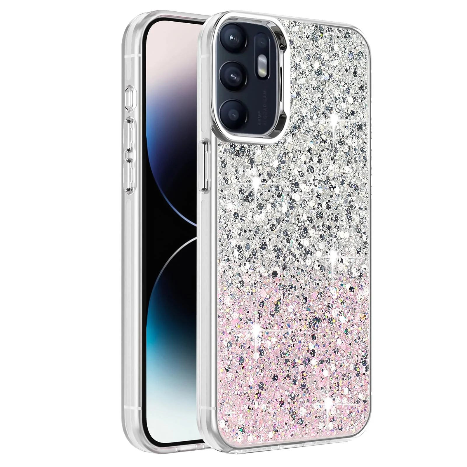 DL3 Mobilak Glitter Rhinestone Protective Case for OPPO Reno 6 4G (Not Reno6 5G) with Shockproof Design - White Pink